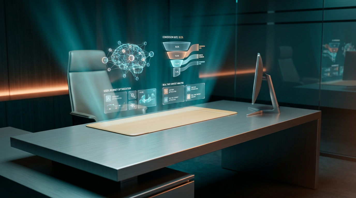 A hyper-realistic 8K photograph of an ultra-modern minimalist executive workspace, captured with an 85mm prime lens at f/1.8, featuring a shallow depth of field and creamy bokeh, showcasing a sleek, brushed metallic gray desk with a soft warm cream surface. The desk is adorned with advanced holographic interfaces displaying dynamic, real-time funnel analysis visualizations, including floating semi-transparent 3D neural nodes and glowing holographic system tiles. The scene is illuminated with ambient volumetric lighting in deep teal and soft cyan hues, with subtle energetic light streaks in burnt orange highlighting key areas of the workspace. The background features a gradient depth in deep teal and soft cyan, with crisp specular reflections on the glass surfaces and high-tech hardware. The image captures the essence of real-time context analysis in funnels, optimizing user journeys and boosting conversion rates, with a cinematic feel and hyper-realistic textures, 16:9 widescreen aspect ratio.