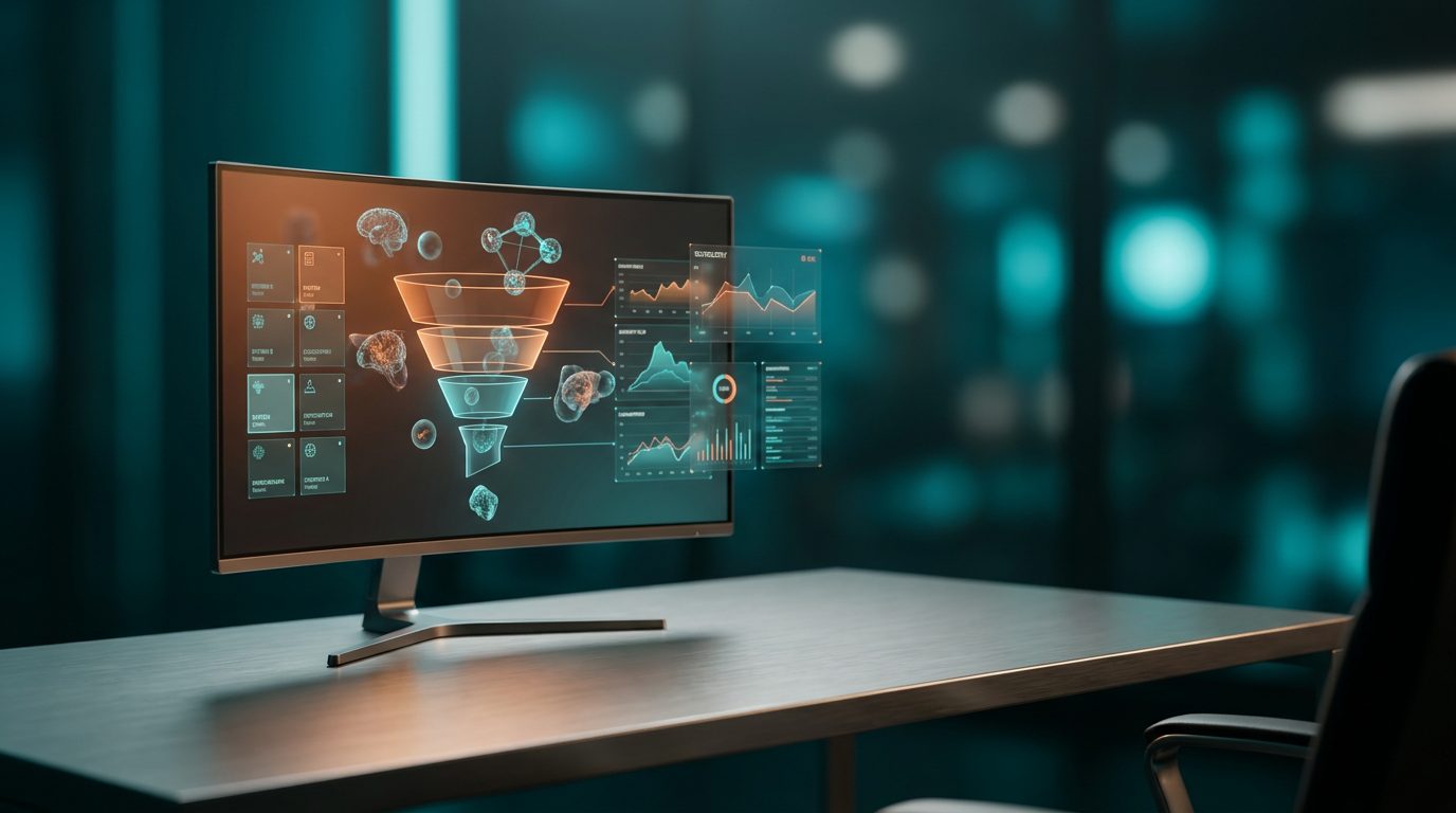 A minimalist, ultra-modern executive workspace with a sleek, brushed metallic gray desk and a high-tech, curved monitor displaying a dynamic, real-time funnel analysis interface, shot on an 85mm prime lens at f/1.8 with a shallow depth of field and creamy bokeh, cinematic volumetric studio lighting with deep teal and soft cyan ambient illumination, and a subtle burnt orange glow emanating from the monitor, showcasing floating semi-transparent 3D neural nodes, glowing holographic system tiles, and geometric telemetry graphs, all rendered in hyper-realistic 8K textures, soft warm cream key lighting across the workspace surfaces, 16:9 widescreen aspect ratio.