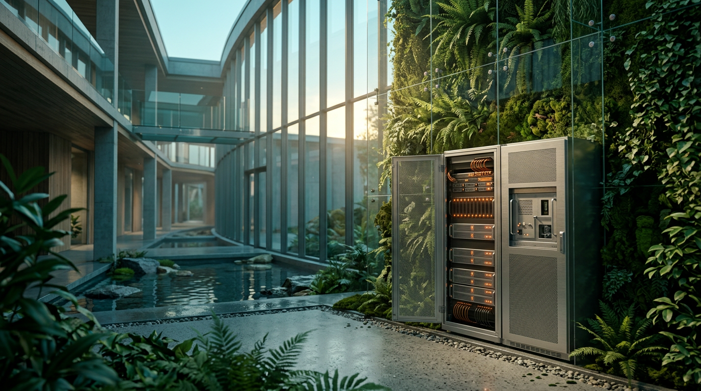 Cinematic 16:9 widescreen grounded eye-level wide shot of a modern minimalist tech architecture interior at twilight transitioning to daylight, featuring a sleek, physical edge-computing server rack and precision sensor module placed in the lower right third. The hardware is encased in brushed metallic gray #E6E6E6 with discreet burnt orange #E06719 status indicator lights, integrated seamlessly into a living wall of natural layered greenery and clear structural glass. Deep teal #116F76 shadows and cool water features contrast with the soft cyan #C1E3E6 morning sky. Warm cream #FFF4CE natural sunlight streams through the architectural glass, illuminating dust motes in the air and highlighting realistic textures of metal, glass, and wet foliage. Shot with a 50mm prime lens, natural depth of field, foreground leaves crisp and in sharp focus while the distant architectural corridor softly blurs. Completely unoccupied, zero humans, zero text, zero typography, realistic technology, no holograms.