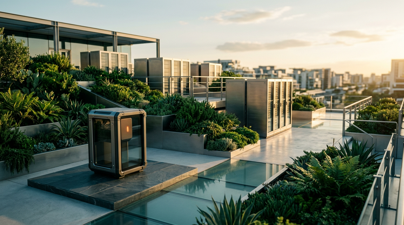 A cinematic wide-angle 16:9 view of a minimalist, sun-drenched outdoor terrace featuring a series of modular, brushed metallic gray data arrays integrated into a terraced garden of lush, verdant greenery. In the lower-left third, a precision-engineered, compact autonomous diagnostic kiosk sits on a polished slate platform, featuring a single, subtle burnt orange light indicator. The lighting captures the golden hour transition, with warm cream sunlight hitting the metallic surfaces and deep teal shadows casting soft, natural silhouettes across the glass flooring. Shot with a 50mm prime lens, the depth of field renders the immediate physical hardware with razor-sharp realism while the distant, sprawling modern architectural landscape softly blurs. The color palette is strictly composed of deep teal, soft cyan, warm cream, and brushed metallic gray, entirely devoid of humans, text, holograms, or digital overlays, emphasizing a grounded, scalable, and high-tech environment.
