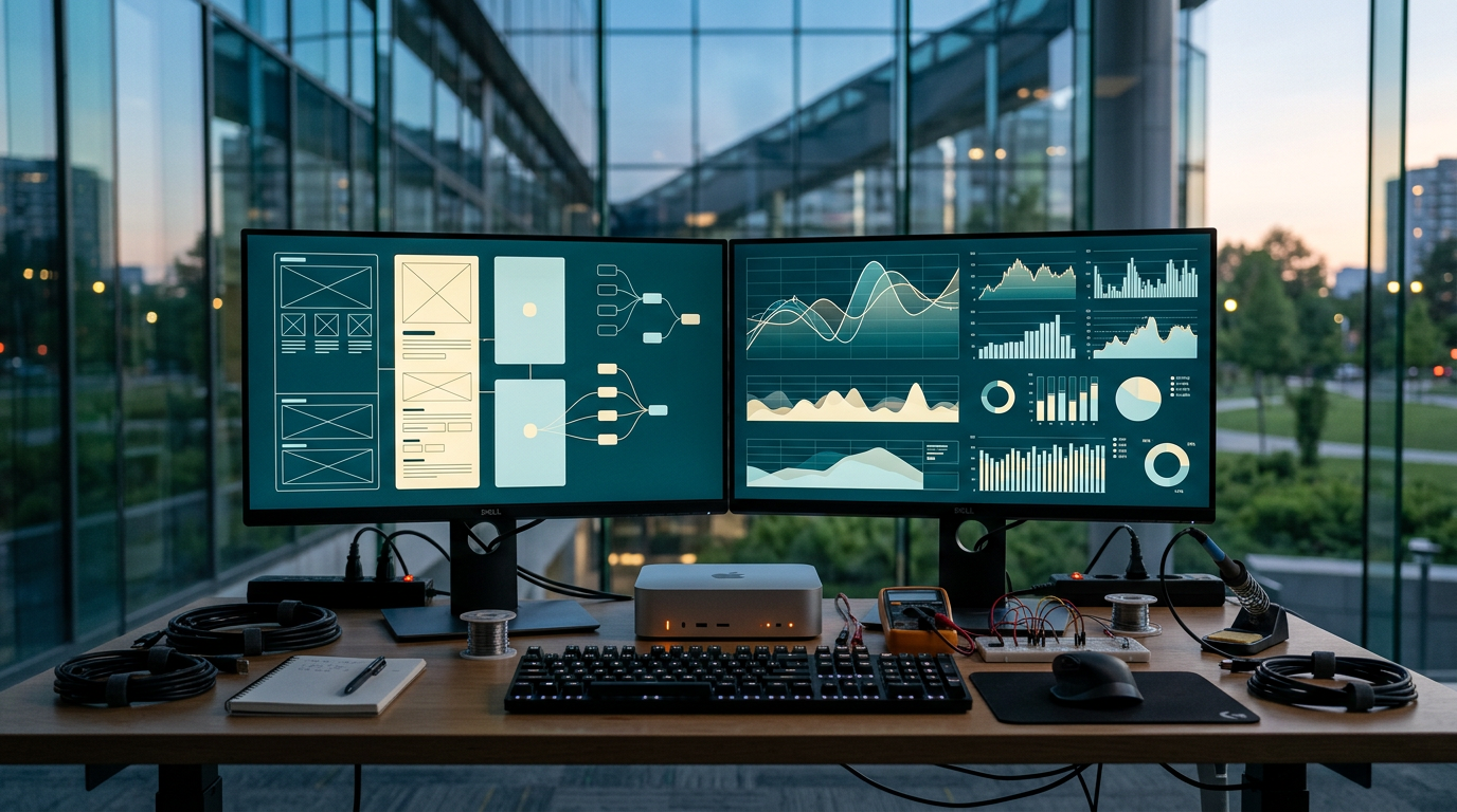 A close-to-medium shot of a grounded, physical technical workspace featuring an advanced dual-monitor workstation displaying abstract generative UI wireframes and performance graphs, set against a modern architectural background during twilight transitioning to daylight. The desk surface holds realistic hardware, organized cabling, and diagnostic equipment. Color palette features Deep Teal #116F76 on shadow areas and screen accents, Soft Cyan #C1E3E6 reflecting off brushed metallic gray casings, Warm Cream #FFF4CE on display visuals, and discreet Burnt Orange #E06719 status indicator lights. The camera is positioned at a natural eye-level perspective using a 35mm lens with a shallow depth of field, keeping the workspace sharp and detailed while the glass architecture and surrounding greenery softly blur in the background. Completely unoccupied, zero humans, zero readable text or logos, strictly physical and realistic technology, 16:9 aspect ratio.