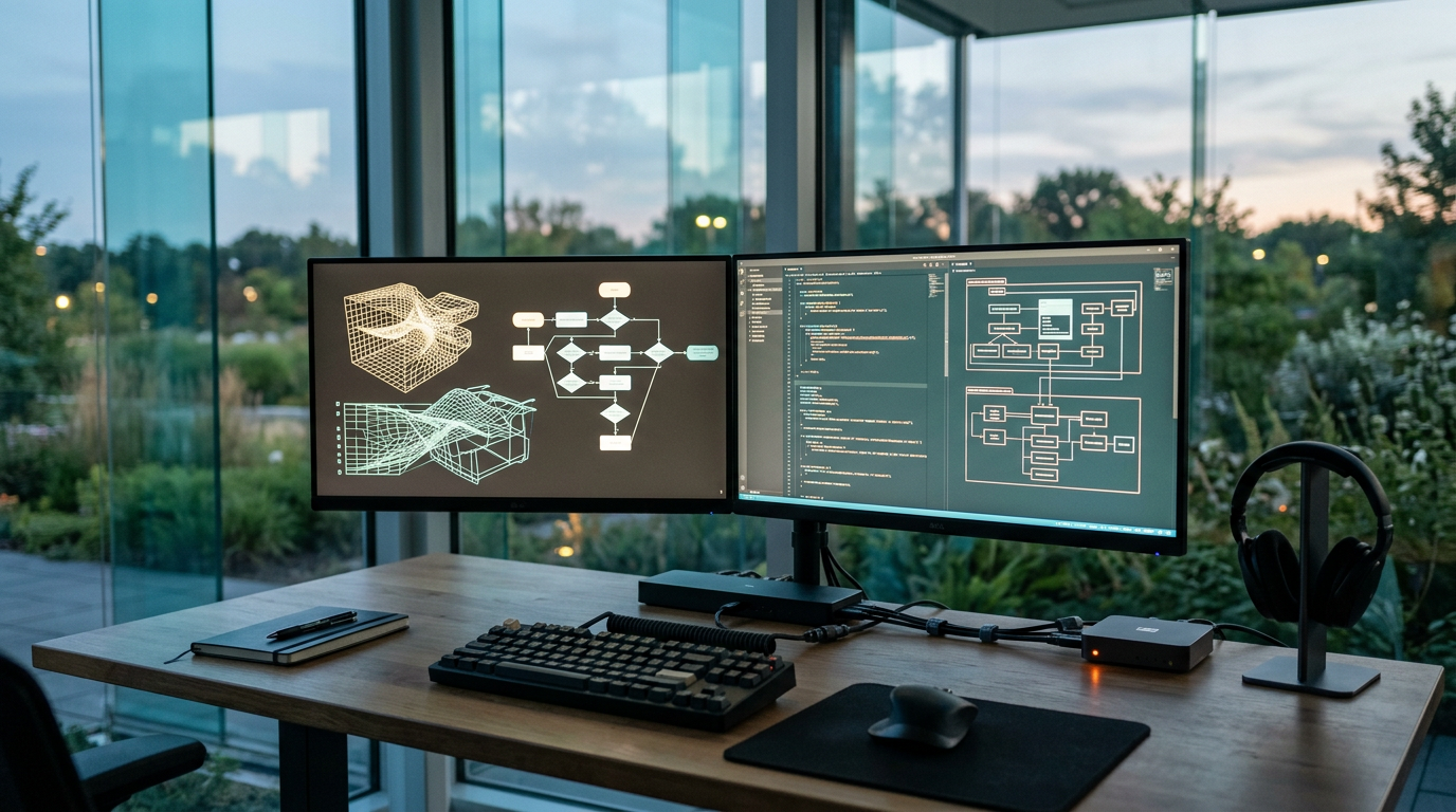 A close-to-medium eye-level shot of a grounded, physical technical workspace featuring a dual-monitor workstation displaying abstract wireframe graphics, code syntax, and dynamic conversion flow charts in soft cyan and warm cream highlights. The desk holds realistic matte electronics, organized cabling, and a subtle burnt orange status indicator light. In the background, floor-to-ceiling architectural glass reveals a natural outdoor setting at twilight transitioning to early daylight with layered greenery. The color palette incorporates deep teal #116F76 on secondary panels and shadows, soft cyan #C1E3E6 reflections on glass, and warm cream #FFF4CE on screen visuals. Shot on a 35mm lens with a shallow depth of field, keeping the workspace sharp while the background softly blurs. 16:9 widescreen aspect ratio, entirely unoccupied with zero humans, zero readable text, and completely physical, realistic technology hardware.