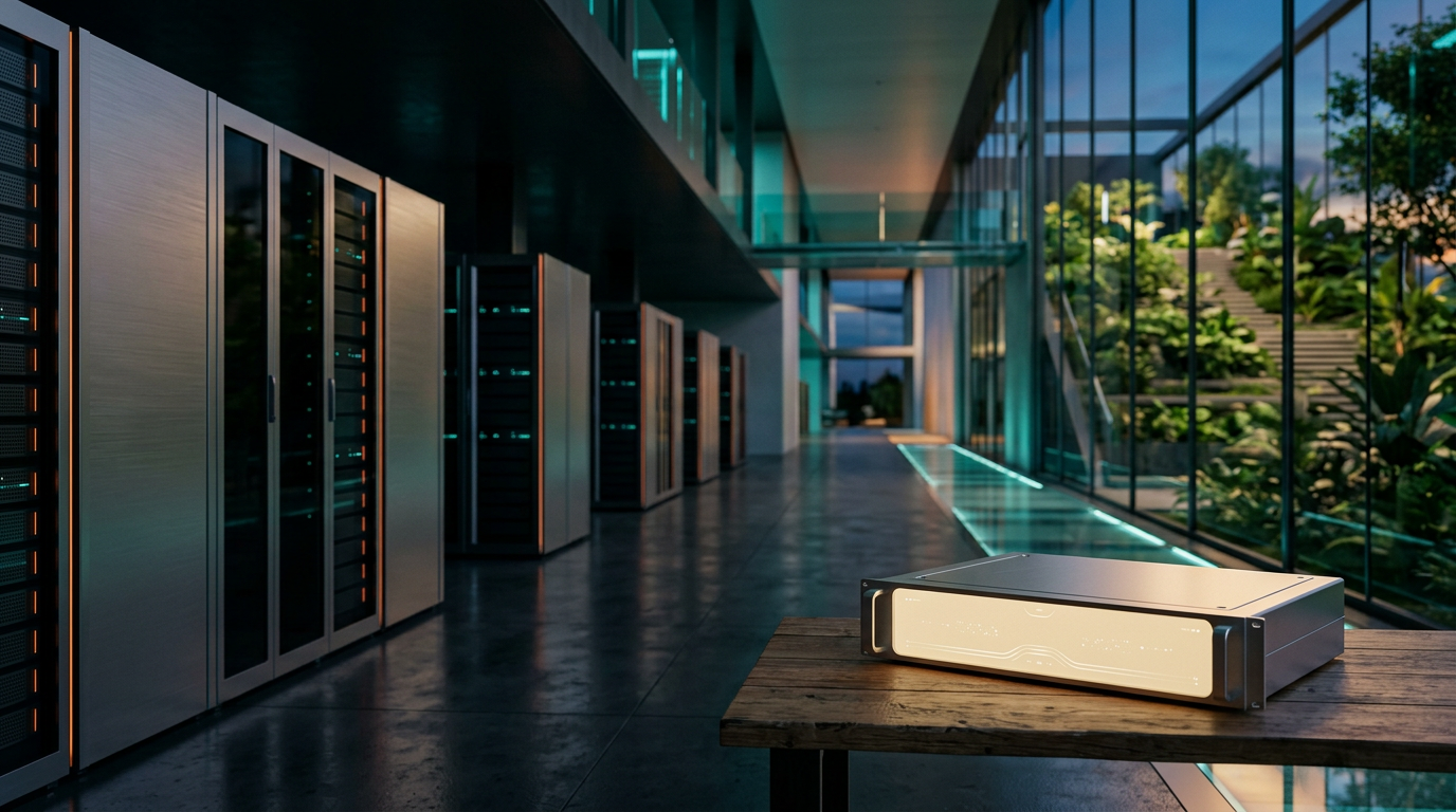A cinematic 16:9 wide-angle shot of a sophisticated data analytics server room at twilight, featuring sleek brushed metallic gray hardware enclosures accented with subtle burnt orange status lights and deep teal glass panels. In the lower right third, a physical, precision-crafted desktop hardware module with a minimalist interface softly glows with warm cream natural sunlight reflecting off its surface. The background showcases a vast, soft cyan architectural corridor blending indoor tech with lush, layered green terraced gardens under a transitional twilight sky. Shot on an 85mm prime lens with natural depth of field, sharp foreground mechanical details, and a soft blur in the background. Completely unoccupied with zero humans and zero text, numbers, or logos.