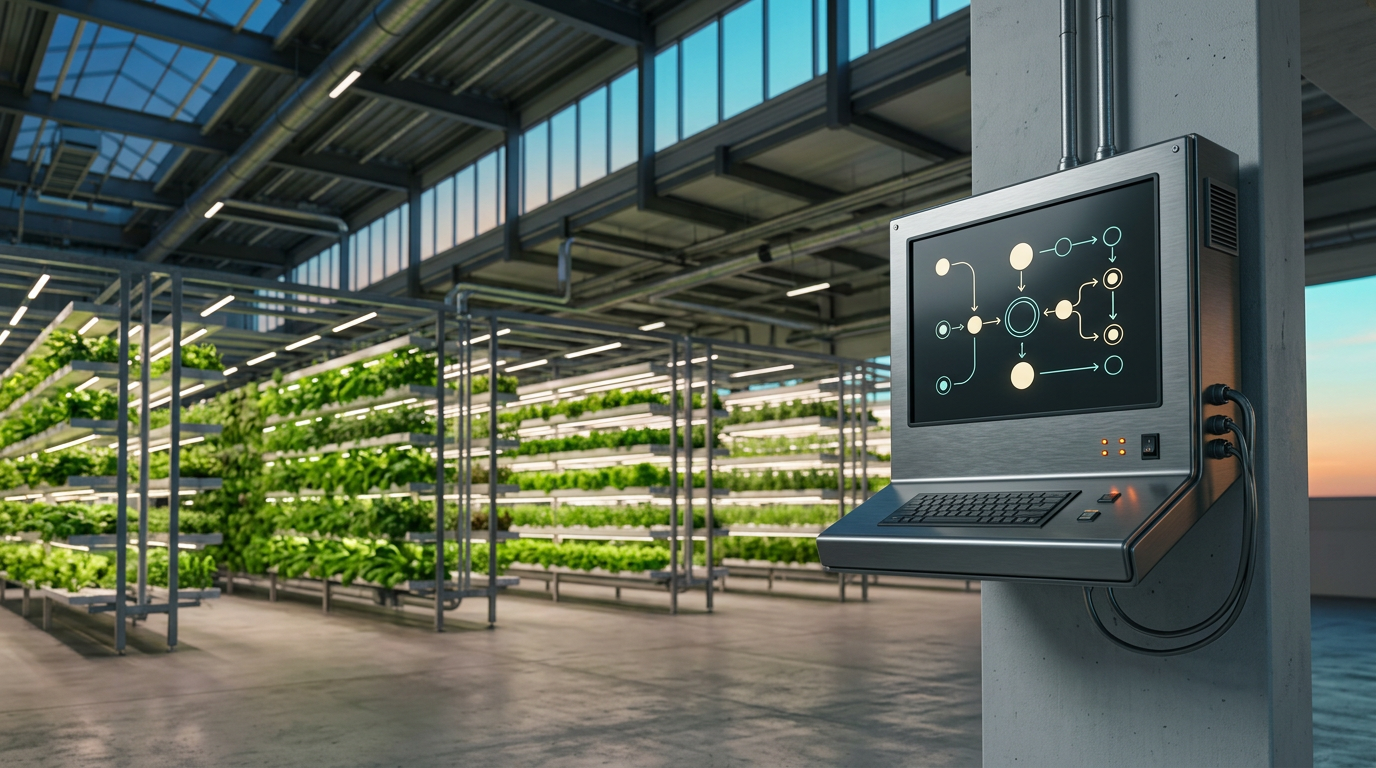 A cinematic wide-angle eye-level shot of a sprawling, modern vertical indoor agricultural facility at the transition between twilight and dawn, featuring rows of lush, green leafy crops under dim, soft-glowing architectural rafters that stretch across the left and upper thirds of the frame to provide expansive negative space, the right side of the composition features a sleek, durable brushed metallic gray industrial terminal mounted on a clean concrete pillar, the terminal displays an abstract, minimalist dashboard of glowing cream and cyan vector nodes and simple geometric flow lines representing supply chain logistics, the scene is illuminated by a blend of deep teal ambient shadows, soft cyan sky light filtering through high clerestory windows, and the warm, creamy natural glow of the morning sun hitting the metallic textures, tiny burnt orange indicator lights on the terminal provide a subtle accent, shot on 85mm prime lens with professional shallow depth of field, sharp focus on the hardware device, realistic industrial textures, no people, no text, no holograms, no distortion, 16:9 aspect ratio.