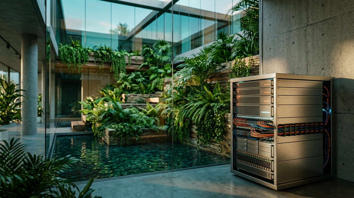 Cinematic 16:9 widescreen eye-level wide shot of a modern minimalist server architecture and data visualization hub integrated into a lush green terraced interior courtyard during twilight transitioning to daylight. In the lower right third, a physical, understated edge-computing server rack featuring brushed metallic gray casings, integrated state-machine indicator lights glowing in subtle burnt orange, and realistic fiber-optic cables. The background features sleek glass panels, cascading natural greenery, and water reflections in deep teal, illuminated by soft cyan ambient light from a morning sky. Warm cream natural sunlight breaks across the brushed metal surfaces. Captured with a cinematic 85mm prime lens, natural depth of field with sharp focus on the physical hardware and blurred organic background. Completely unoccupied, zero humans, zero text, zero logos, grounded physical technology.