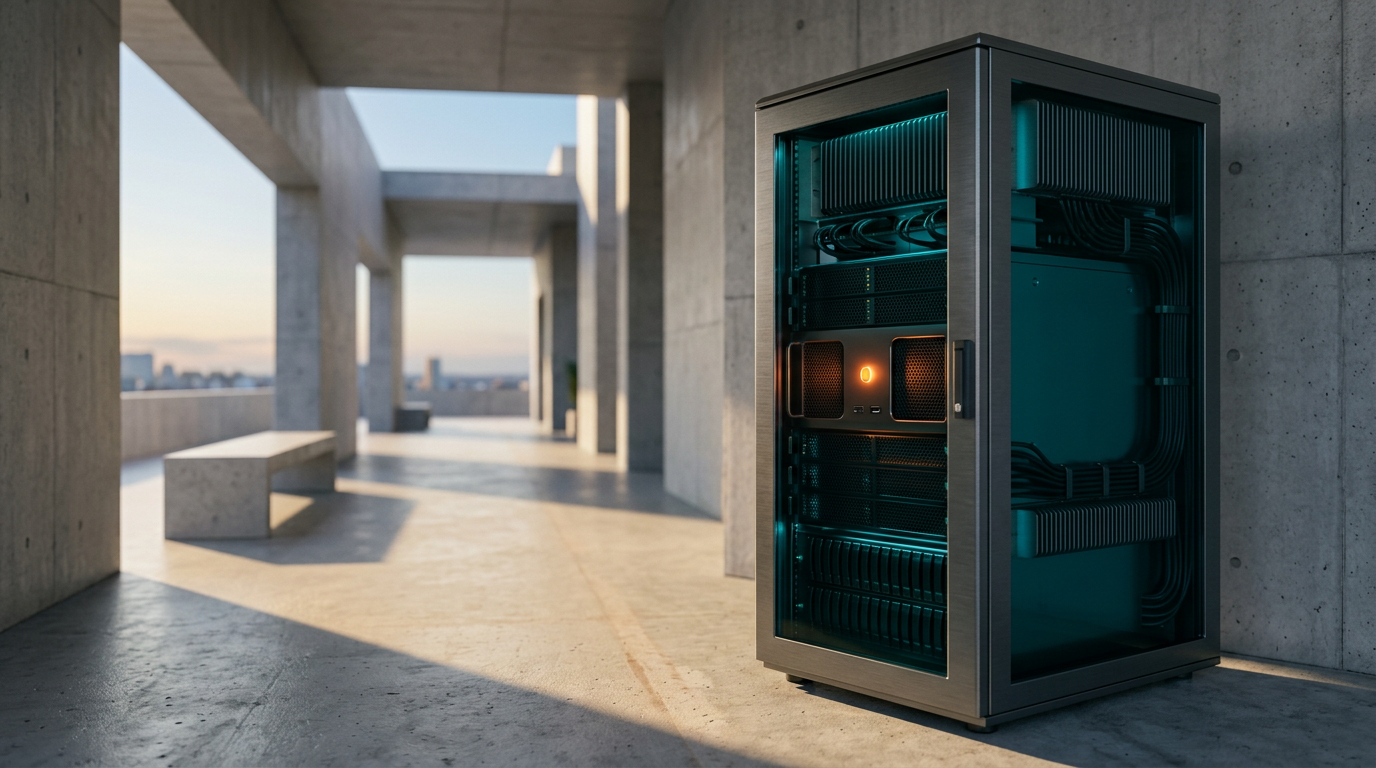 Cinematic 16:9 widescreen grounded eye-level shot of a sleek, brushed metallic gray edge-computing server rack positioned dynamically offset to the right in a modern minimalist concrete architectural corridor at twilight transitioning to dawn. A singular physical status light glows with a warm burnt orange accent against deep teal glass panels and soft cyan ambient architectural lighting. Warm cream natural sunlight cuts horizontally across the floor, highlighting clean structural textures and realistic materials. A subtle, non-readable glass interface panel on the unit displays abstract line graphs and minimal geometric vector nodes in dark tones. Shallow depth of field with the hardware crisp and sharply focused against a softly blurred, uncluttered architectural horizon. Completely unoccupied scene with zero humans, zero text, zero typography, zero logos, and zero floating holograms. Photorealistic architectural photography style.