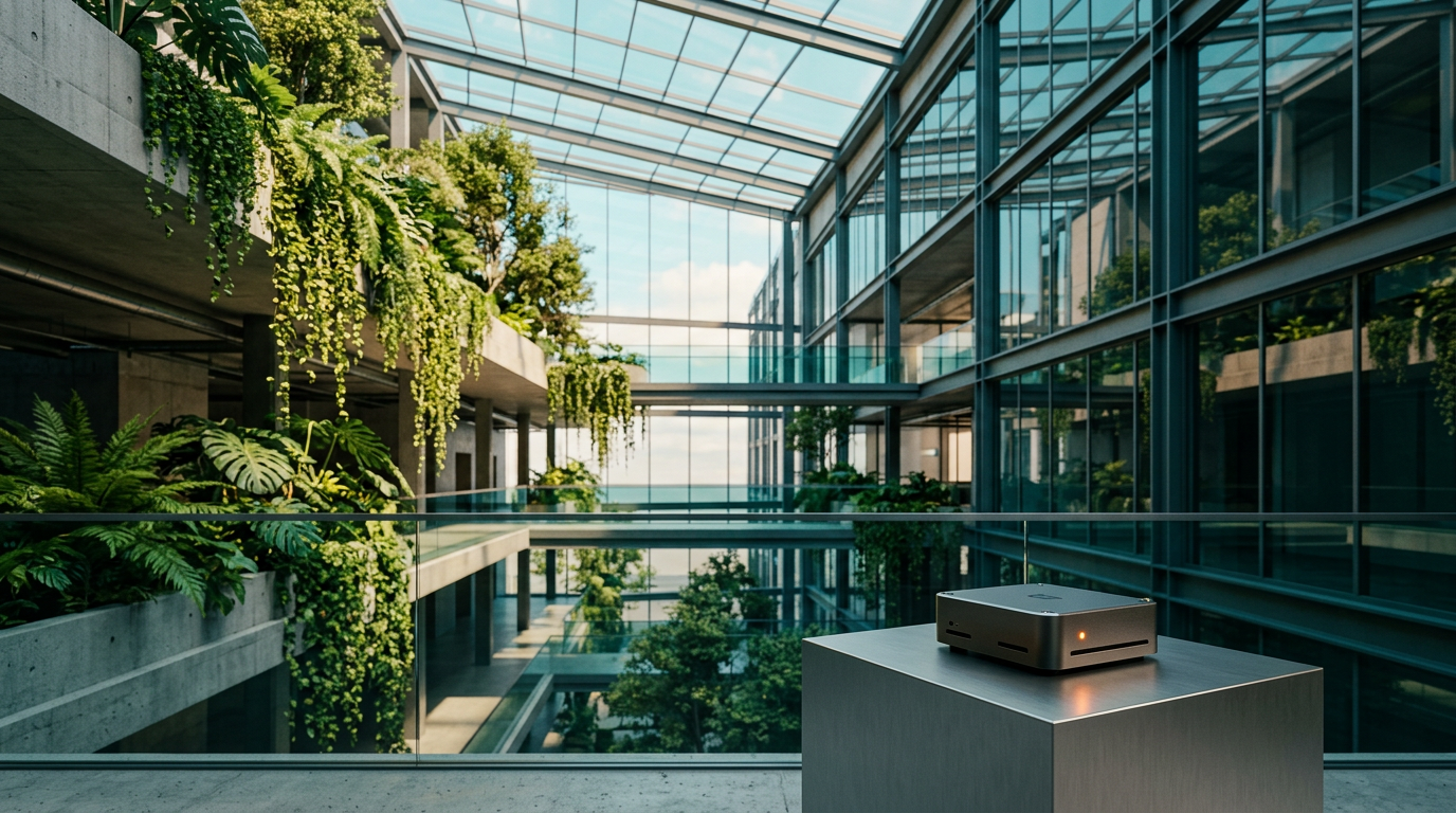 Cinematic wide shot, eye-level perspective of a modern, minimalist glass-and-steel architectural atrium featuring lush interior hanging gardens and structured biophilic design. In the lower right foreground, a precision-engineered, matte-finished metallic hardware node—a compact, grounded autonomous sensor unit with a subtle, glowing burnt orange status indicator—rests on a clean, brushed metallic gray plinth. The composition captures a seamless transition from deep teal shadows in the glass reflections to a soft cyan morning sky visible through the skylight, illuminated by warm cream sunlight filtering through foliage. 50mm prime lens, sharp focus on the metallic sensor unit, shallow depth of field, realistic textures of polished concrete and layered greenery, hyper-detailed, photorealistic, cinematic lighting, expansive atmosphere, zero humans, zero text. --ar 16:9