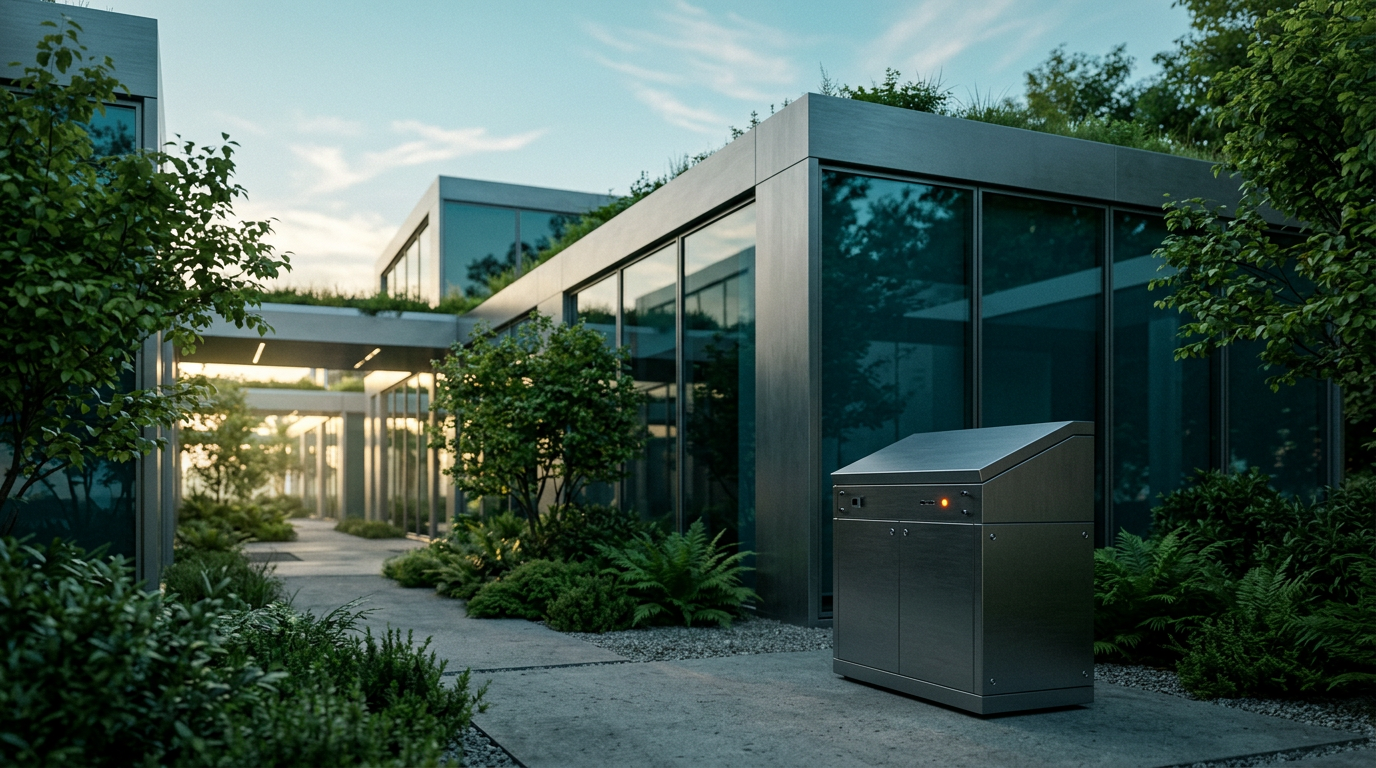 Cinematic 16:9 wide-angle ground-level shot of an architectural data pavilion at twilight transitioning to morning light, featuring a minimalist physical server kiosk in the lower right third. The structure is built with brushed metallic gray casings, realistic glass panels reflecting deep teal #116F76 shadows, and lush natural layered greenery integrated into the architecture. A single precision hardware accent with a tiny glowing burnt orange #E06719 status light sits on the console. Soft cyan #C1E3E6 sky above, with warm cream #FFF4CE natural sunlight filtering through green corridors. Shot on an 85mm prime lens with natural depth of field, keeping foreground hardware crisp while softly blurring the distant geometric architecture. Completely unoccupied, zero humans, zero text, zero typography, realistic physical technology.