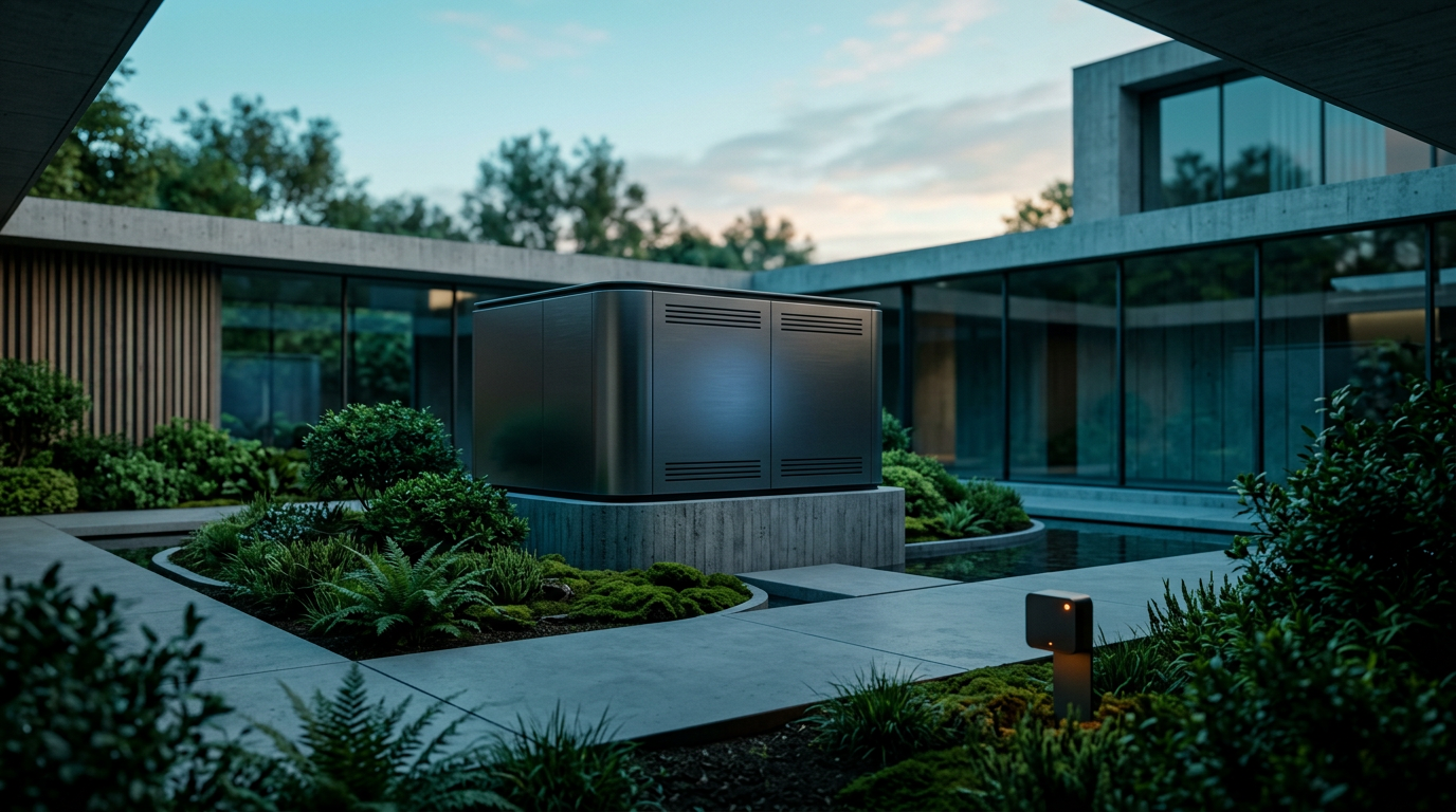 A cinematic wide-angle 16:9 outdoor twilight shot transitioning to dawn, featuring a sleek, minimalist enterprise server housing unit nestled seamlessly within a lush, modern architectural courtyard with layered natural greenery. The scene is completely unoccupied with zero humans. A discreet physical edge-computing sensor sits in the lower right third, glowing with a tiny burnt orange status light. The color palette relies on deep teal shadows and glass reflections, a soft cyan morning sky, warm cream natural sunlight on concrete structures, and brushed metallic gray casings. Captured with an 85mm prime lens, creating a shallow depth of field with crisp foreground elements on the hardware and a softly blurred architectural background. Zero text, numbers, or logos anywhere. Grounded, realistic technology with no holograms or neon grids.
