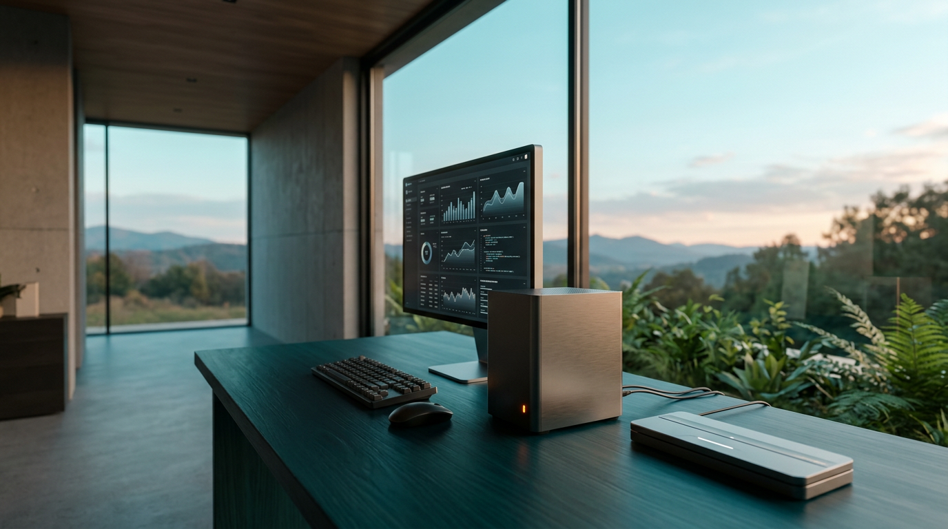 Cinematic wide-angle 16:9 view of a modern data-analysis workstation inside a sunlit minimalist architectural workspace at twilight transitioning to daylight, grounded physical hardware with a sleek brushed metallic gray casing featuring a tiny glowing burnt orange status light on the side, resting on a polished dark teal surface. Soft natural sunlight with warm cream highlights catches the edge of a precision sensor device, casting natural depth of field onto layered green plants just outside a large floor-to-ceiling glass window. The background features a softly blurred expansive outdoor landscape under a soft cyan sky, deep teal shadows in the corners, completely unoccupied, zero humans, zero text, zero logos, photorealistic, shot on an 85mm prime lens.