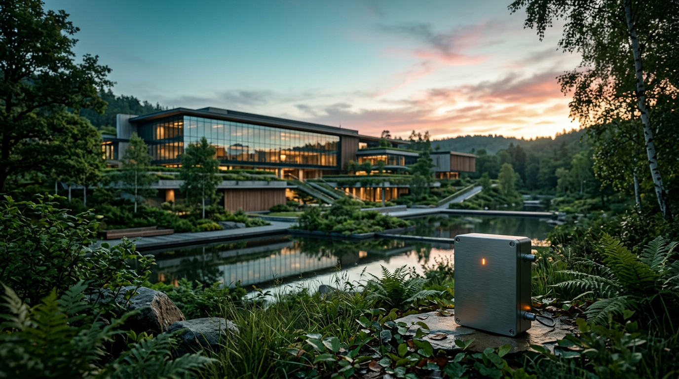 Cinematic wide-angle exterior view at twilight transitioning to dawn, showcasing a modern architectural data analytics facility surrounded by lush, layered green corridors and still water features reflecting the sky. In the lower right third, a grounded, minimalist precision sensor housing with brushed metallic gray casings and a discreet burnt orange status light rests quietly among natural foliage. The color palette features deep teal shadows and glass tones, a soft cyan sky, and warm cream natural sunlight breaking through the horizon. Shot on a 50mm prime lens with a natural depth of field, keeping the foreground greenery and sensor crisp while softly blurring the distant glass architecture. Completely unoccupied with zero humans, zero text, zero typography, zero logos, and no floating holograms, emphasizing grounded physical technology and realistic materials, 16:9 aspect ratio.