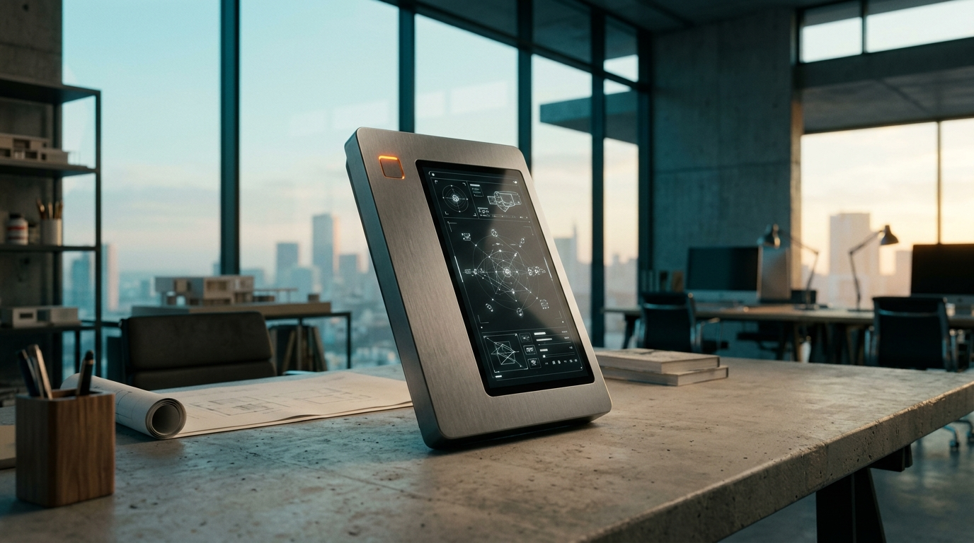 Cinematic eye-level shot of a modern architectural design studio at twilight transitioning to soft dawn daylight, viewed through a 50mm prime lens with a shallow depth of field. Positioned dynamically off-center on a concrete workspace is a single, sleek brushed metallic gray hardware unit featuring an integrated vertical OLED screen displaying clean abstract vector nodes and minimal geometric schematics. The environment features expansive floor-to-ceiling glass windows framing a soft cyan sky, casting warm cream natural sunlight across the scene. Deep teal shadows play across architectural surfaces, complemented by a discreet burnt orange status light on the hardware casing. Zero humans, zero text, completely unoccupied, highly-detailed photorealistic 16:9 widescreen format.