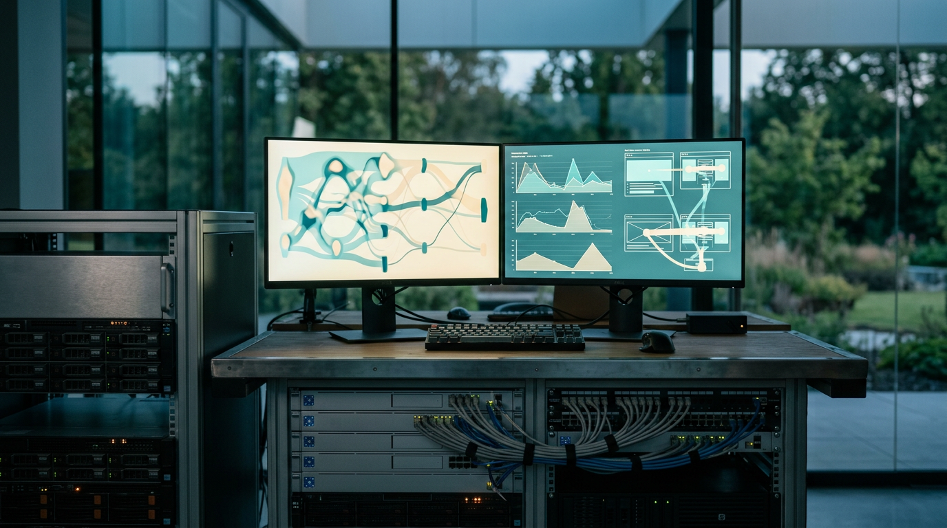 A close-to-medium shot of a grounded technical workspace featuring advanced analytics hardware and dual monitors displaying abstract user journey heatmaps, conversion rate performance curves, and real-time session replay wireframes in soft cyan and warm cream highlights. The foreground highlights brushed metallic gray server racks, neatly routed cabling, and discreet burnt orange status LEDs. Captured with a 35mm lens and a shallow depth of field, the physical hardware is tack-sharp while a modern architectural glass-walled office looking out onto lush natural greenery softly blurs in the background during twilight transitioning to daylight. The color palette relies on deep teal shadows, soft cyan glass reflections, and warm cream display glows. Completely unoccupied with zero humans, zero readable text, fake typography, or brand logos, focusing entirely on realistic, physical technology. --ar 16:9