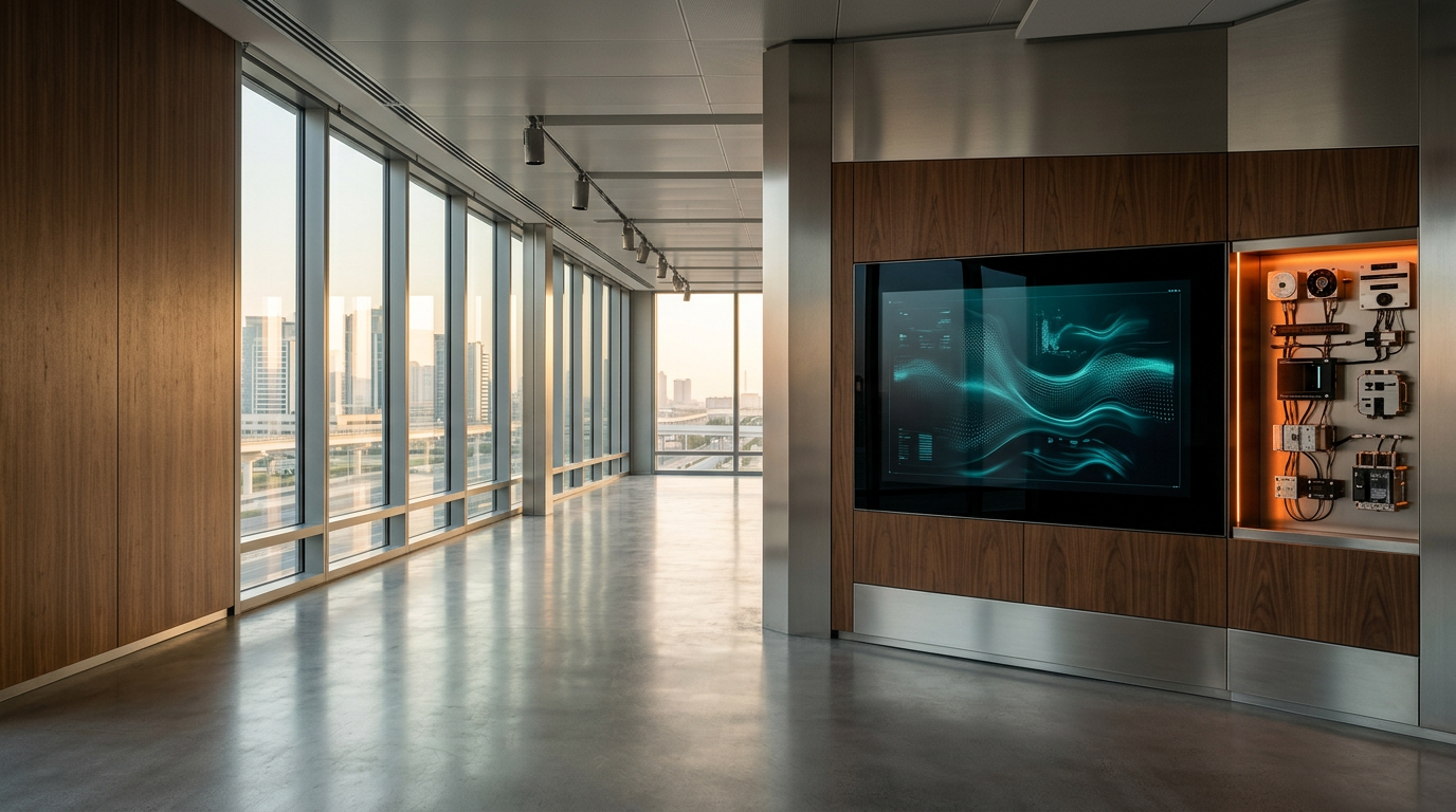A wide-angle cinematic shot of a meticulously organized central control room featuring a sleek, minimalist architectural layout, where a single, non-humanoid, wall-mounted obsidian glass terminal displays abstract, non-readable data visualizations in soft cyan and deep teal, positioned on the right third of the frame to provide ample uncluttered negative space on the left for text placement. The room is constructed from high-end materials including satin-finished metallic surfaces, polished concrete, and architectural wood paneling, bathed in warm, soft-cream early morning daylight streaming through a series of floor-to-ceiling windows. A single, refined accent light in warm burnt orange illuminates a precision-engineered sensor array near the main terminal, grounding the scene in physical reality. The camera is positioned at eye-level using a 50mm prime lens, capturing deep, natural focus with subtle atmospheric depth, ensuring every material texture—from the brushed aluminum supports to the cool, reflective floor—remains crisp and photorealistic. The atmosphere is calm, orderly, and highly professional, reflecting the precision of centralized data operations. The image must exclude all human figures, text, numbers, pseudo-writing, or holographic overlays. This is a photorealistic, cinematic, and sophisticated environment generated by nanobanana pro --ar 16:9
