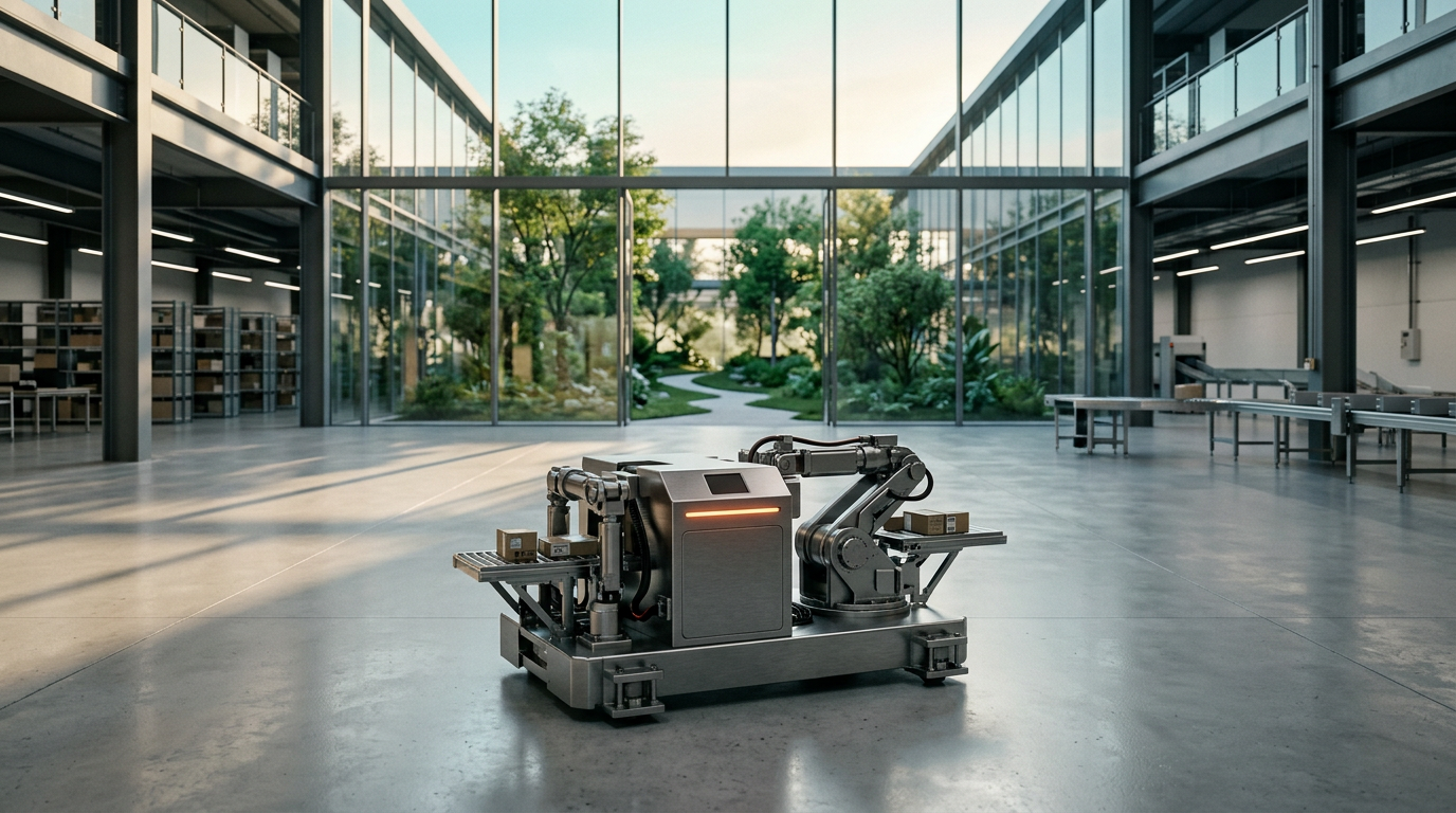 A wide-angle cinematic shot of a minimalist, high-end e-commerce logistics facility at dawn, focusing on a precision-engineered, brushed metallic gray robotic parcel sorting unit resting on a polished concrete floor, the unit features a subtle burnt orange status light, the background is an expansive architectural space with floor-to-ceiling glass walls overlooking a lush green garden courtyard, soft cream sunlight filters through the glass casting long shadows, color palette dominated by deep teal shadows and soft cyan morning sky tones, shot on 50mm lens with shallow depth of field, sharp focus on the metallic texture and mechanical joints of the device, pristine and orderly environment, high-tech realism, architectural photography style, 16:9 aspect ratio.