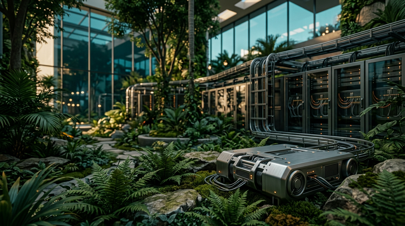 A cinematic low-angle wide shot of a sophisticated, interconnected server infrastructure integrated into a verdant, sun-drenched atrium garden at twilight. In the lower right foreground, a precision-engineered, brushed metallic gray data telemetry hub sits nestled among lush ferns and natural stone, featuring subtle burnt orange status indicator lights. The background showcases expansive glass panels reflecting deep teal shadows and the soft cyan hues of a transitioning sky. The scene is illuminated by warm cream natural sunlight filtering through architectural apertures, casting gentle light on the seamless physical integration of hardware and nature. Captured with an 85mm prime lens, the foreground tech is tack-sharp with intricate, realistic mechanical details, while the verdant background dissolves into a soft, serene blur. No humans, no text, no holograms, no neon, ultra-photorealistic, 16:9 aspect ratio.