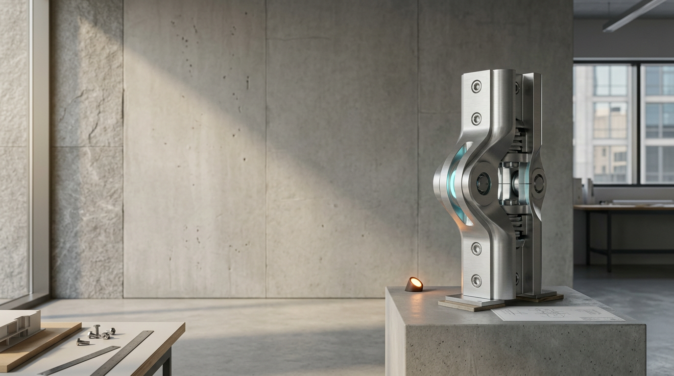 A high-end, minimalist architectural studio scene focusing on the concept of digital precision and instantaneous performance. The primary subject is a sleek, brushed-aluminum structural node positioned in the right third of the frame, featuring high-tolerance mechanical joints and a single, restrained aperture emitting a soft cyan glow. To its left, a sprawling, clean-lined interior wall composed of matte-finished concrete and textured stone provides extensive, uncluttered negative space for copy. The scene is illuminated by natural, warm cream morning light filtering through an off-camera aperture, creating soft, realistic shadows and highlighting the refined surface materiality. The atmosphere is calm and orderly, with no visible digital interfaces or readable data. A single, small, purposeful warm-burnt-orange accent light sits near the base of the node to signify precision. Photographed with an 85mm prime lens, capturing sharp details on the metalwork with a gentle, cinematic depth of field. Photorealistic, 8K resolution, cinematic photography, high-dynamic-range lighting, physically accurate materials, generated by nanobanana pro --ar 16:9