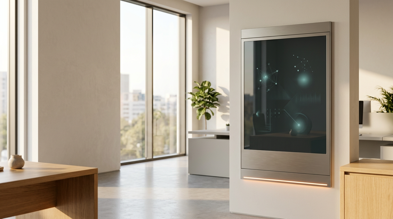 A sophisticated, minimalist architectural office interior featuring a premium, wall-mounted display console, positioned in the right third of the frame, serving as an abstract representation of a secure client portal. The console consists of a brushed neutral metallic frame with a matte glass surface showing non-readable, high-resolution abstract data visualizations—delicate geometric nodes and soft linear patterns in subtle teal and cyan tones. The surrounding environment is an inviting, quiet workspace with warm morning light filtering through floor-to-ceiling windows on the left, casting soft shadows across a polished, light-wood surface. The left two-fifths of the frame remain as clean, uncluttered negative space to accommodate website copy. A single, controlled warm-orange accent light is integrated into the base of the console, providing a precise, refined detail. The scene is captured with a 50mm lens at eye-level, characterized by cinematic photography, crisp and controlled lighting, physically accurate reflections on glass and metal surfaces, and a natural, shallow depth of field. No humans, no readable text, no numbers, no signage, no holograms, no cyberpunk aesthetics, and no decorative data clutter. Photorealistic, 8K resolution, high-end editorial quality, generated by nanobanana pro --ar 16:9