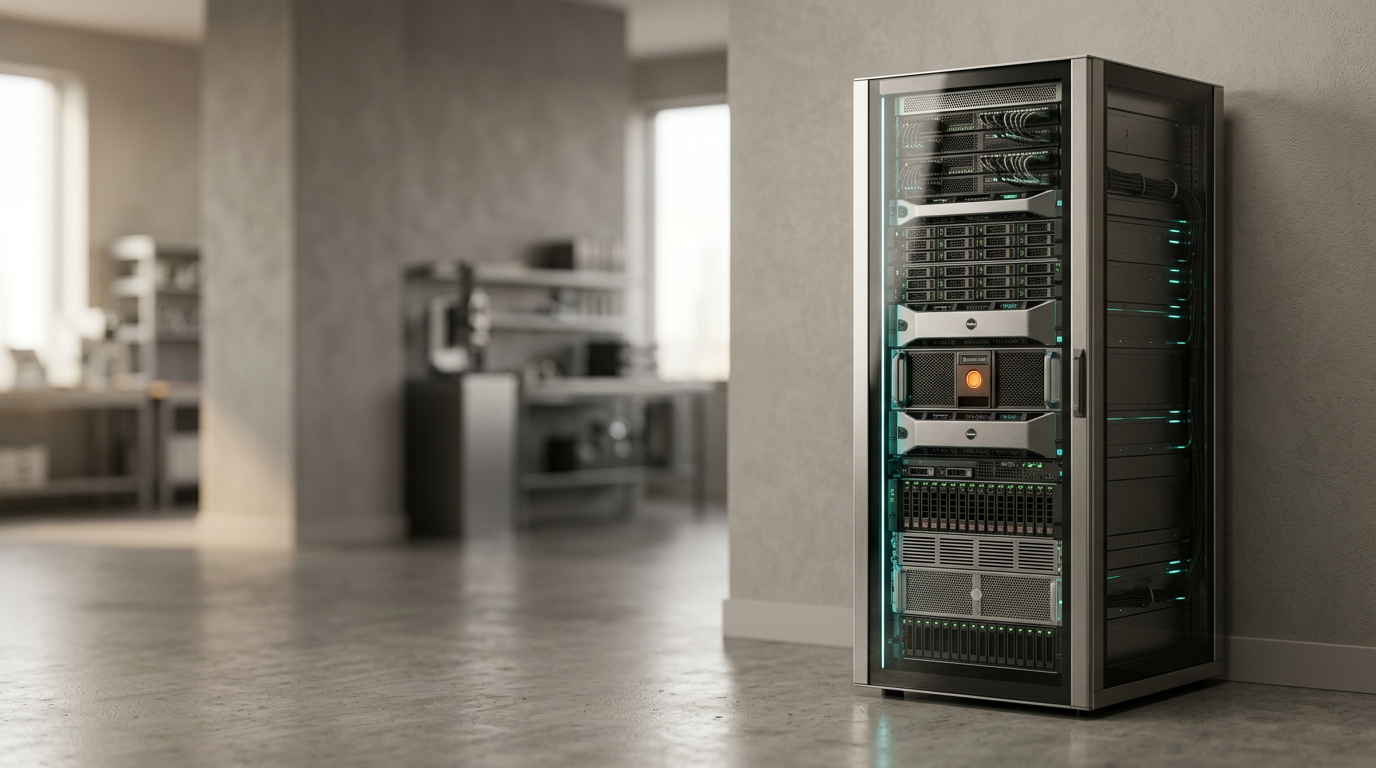 A sleek, minimalist server rack housing high-performance computing hardware, positioned in the right third of a clean, softly lit architectural laboratory. The hardware features satin-finished metallic surfaces and subtle, non-readable diagnostic light strips in Soft Cyan and Deep Teal to signify autonomous, low-latency processing. A single, controlled accent of Warm Burnt Orange appears on a status indicator lens, emphasizing precise control. The environment is a professional, climate-controlled space with polished concrete floors and neutral gray wall textures, providing approximately two-fifths of open negative space on the left for copy. The scene is captured with a 50mm lens, showcasing a shallow depth of field that keeps the machinery crisp while softly blurring the background, utilizing natural-feeling, diffused ambient lighting with Warm Cream tones, photorealistic, cinematic photography, 8K resolution, highly detailed, physically accurate shadows, and realistic material textures; excluding all humans, human-shaped objects, readable text, numbers, signage, logos, holograms, neon grids, and interface displays. generated by nanobanana pro --ar 16:9