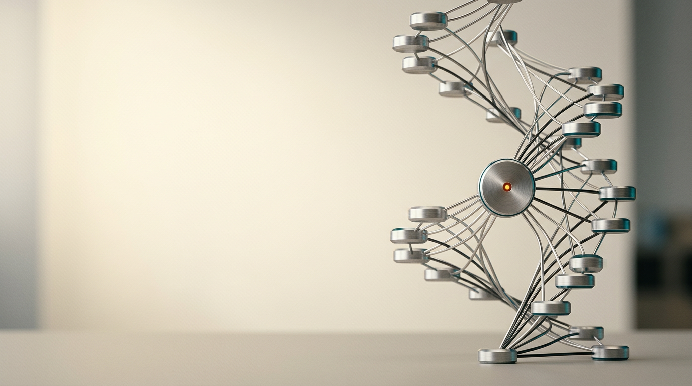 A sophisticated, minimalist studio study of a high-performance architectural model representing data flow, featuring a series of precision-machined brushed-metal nodes arranged in a clean, ascending spiral structure that signifies growth and forecasting, positioned in the right third of the frame. The left two-thirds remain as a calm, out-of-focus background with a soft, warm cream #FFF4CE key light providing gentle volume. Subtle accents of deep teal #116F76 are reflected in the edges of the metallic surfaces, while a single, discreet pinpoint of warm burnt orange #E06719 on the primary node adds a controlled focal anchor. The scene is shot with an 85mm prime lens, capturing fine material textures and realistic, soft-shadow light falloff. The composition is uncluttered, intentionally leaving significant negative space on the left for website copy. Photorealistic, cinematic photography, 8K resolution, crisp controlled lighting, realistic metallic materials, natural depth of field, HDR-quality dynamic range, no human figures, no text, no numbers, no logos, no holograms, no interfaces, generated by nanobanana pro --ar 16:9