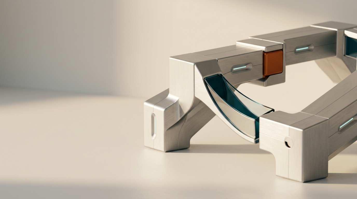 A cinematic, low-angle eye-level photograph of a sophisticated, modular architectural system representing structured digital content, situated within a clean, minimalist studio environment. The primary subject is a series of interconnected, brushed-aluminum structural nodes that exhibit refined geometric organization, with each node featuring a subtle, integrated aperture containing a faint soft-cyan indicator light. The arrangement flows logically across the right two-thirds of the frame, conveying a sense of scalable, high-performance architecture. The left two-fifths of the scene consist of a softly lit, neutral-toned floor and wall, providing a spacious and uncluttered area for website copy. The lighting is dominated by warm, inviting, cream-colored natural daylight from a single source, creating soft shadows and highlighting the satin metallic textures. A single, controlled accent of warm burnt-orange is present on a small, recessed connector point within the structure, while deep-teal reflections appear on the edge of a curved, polished-glass panel integrated into the central node. The scene is captured with an 85mm prime lens, offering a crisp, professional depth of field that emphasizes the precision of the construction. All elements are clean, functional, and devoid of clutter, text, or human figures. The image is photorealistic, highly detailed, and displays HDR-quality dynamic range, generated by nanobanana pro --ar 16:9