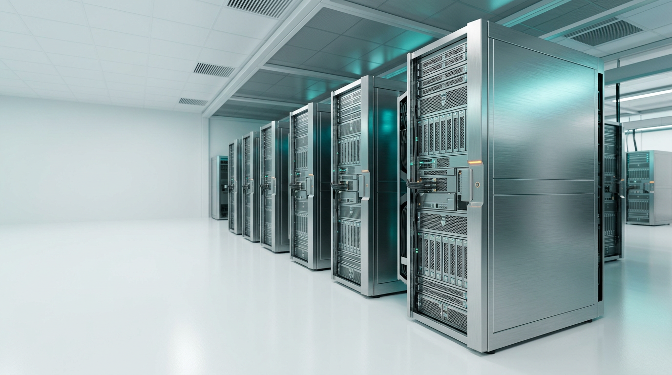 A sophisticated, high-angle architectural study of an enterprise-grade modular data infrastructure, featuring a sequence of clean, brushed-metal server enclosures arranged in a purposeful, repeating line within a minimalist, white-toned climate-controlled hall. A single, subtle warm orange LED accent marks a primary connection point on the nearest unit, while cool teal and cyan ambient lighting reflect off the satin-finished surfaces, defining the spatial hierarchy. The layout is intentionally weighted toward the right side of the frame, leaving the left two-fifths as clean, softly lit negative space suitable for website copy. The scene is captured with an 85mm prime lens to provide a crisp, compressed, and professional look, emphasizing the structural integrity and precision of the hardware. The atmosphere is calm, orderly, and purposefully quiet, representing measurable, high-performance reliability. The image excludes all humans, legible text, symbols, and holograms, focusing entirely on a grounded, realistic interpretation of advanced technological stability, generated by nanobanana pro --ar 16:9
