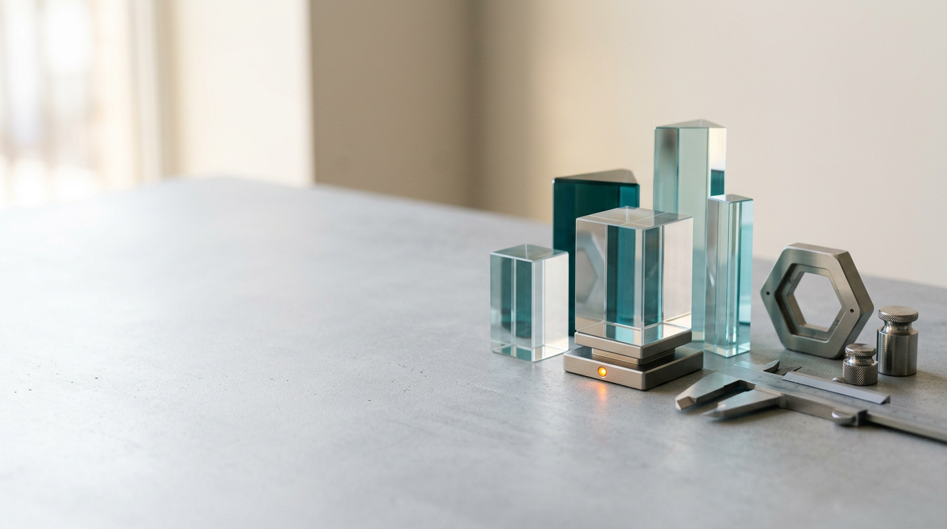 A meticulously organized studio-style composition featuring a series of modular, translucent glass data prisms and refined metallic calibration tools resting on a clean, light-gray architectural surface, positioned in the right third of the frame to represent the synthesis of dynamic creative assets and accurate attribution. The left third of the frame remains open as calm, softly lit negative space to serve as an ideal area for page copy. The scene is illuminated by warm, diffused natural morning light, with subtle accents of Deep Teal and Soft Cyan reflecting off the glass edges, and one controlled, precise pop of Warm Burnt Orange emanating from a small, integrated sensor point at the base of the central prism. Photographed with a 50mm lens, the image displays natural depth of field, sharp material textures of satin-finished metal and polished glass, and an intentional, high-end atmosphere that feels both analytical and sophisticated. No human figures, no readable text, no numbers, no signage, no floating holograms, and no branding. The composition is clean, balanced, and commercially grounded, focusing on the precision of performance-driven creative strategy through a minimalist, physical metaphor, generated by nanobanana pro --ar 16:9