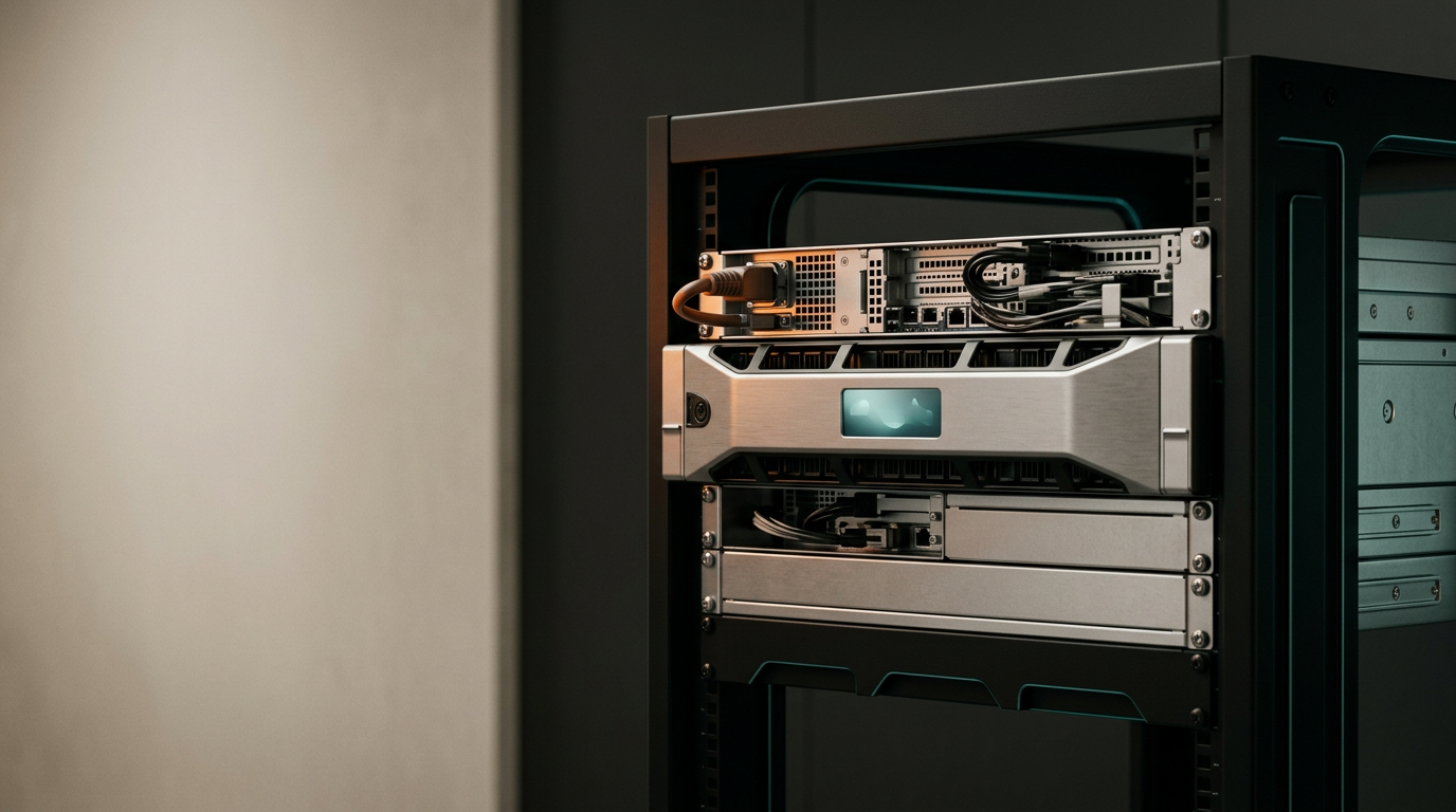 A refined, premium studio environment focused on a professional-grade rack-mount server assembly, positioned in the right third of the frame, representing the physical infrastructure of an autonomous analytics core. The primary subject is a sleek, brushed-metal server chassis with a single, softly glowing indicator panel showing minimal, abstract non-readable graphical patterns in shades of soft cyan. The assembly is held within a high-end, matte-black server frame with subtle deep teal rim lighting emanating from recessed architectural accents in the background. The left two-fifths of the frame consist of a clean, softly lit, neutral-toned wall with subtle depth of field to provide uncluttered copy space. The scene is captured with a 50mm prime lens, eye-level, highlighting the precision, durability, and metallic textures of the equipment under warm, diffused key lighting that creates soft, realistic shadows. A single, restrained accent of warm burnt orange light subtly highlights a mechanical connection on the chassis. The atmosphere is calm, sophisticated, and focused on physical precision rather than digital effects. Excludes all humans, human figures, humanoid robots, text, numbers, signage, logos, holograms, floating interfaces, neon grids, and decorative digital clutter. This image is generated by nanobanana pro. --ar 16:9