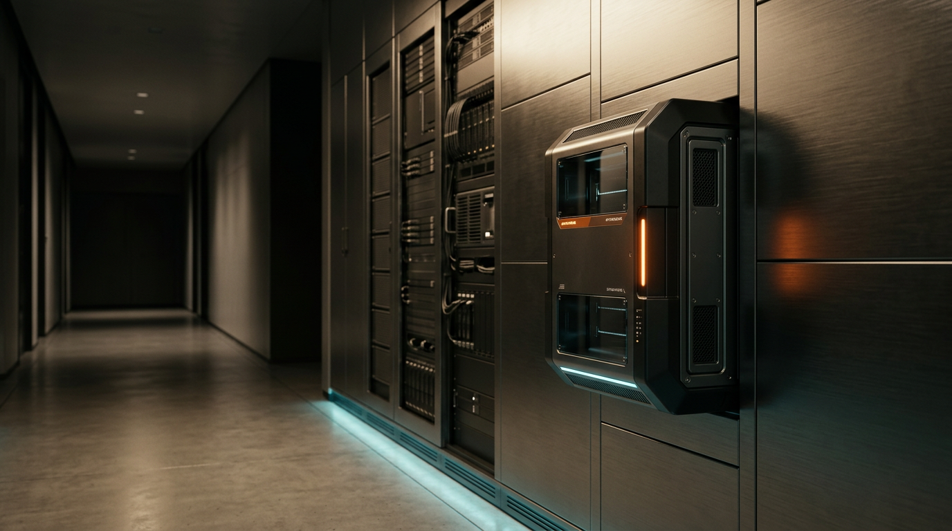A refined, cinematic interior view of a secure, high-tech server architecture installation, focused on a singular, sophisticated hardware security node mounted against a wall of softly lit, brushed-metal cabinetry. The scene is captured with a 50mm lens at eye-level, positioning the primary hardware unit in the right third of the frame, while a clean, dimly illuminated corridor provides a vast, uncluttered negative space on the left for website copy. The lighting is dominated by a warm, inviting cream key light, complemented by a single, controlled strip of soft cyan accent lighting along the floor, and a restrained burnt orange indicator light on the security node suggesting active, constant vigilance. Materials include matte-finished industrial alloys, polished glass panels, and subtle architectural textures that feel durable and enterprise-grade. The composition is calm and precise, emphasizing architectural clarity and systematic reliability without any human presence, legible text, pseudo-writing, signage, or decorative holographic displays. The atmosphere is clear, dry, and professional, maintaining a premium, near-future, and highly stable environment. Photorealistic, 8K resolution, cinematic photography, crisp lighting, physically accurate shadows, natural depth of field, HDR-quality dynamic range, generated by nanobanana pro --ar 16:9