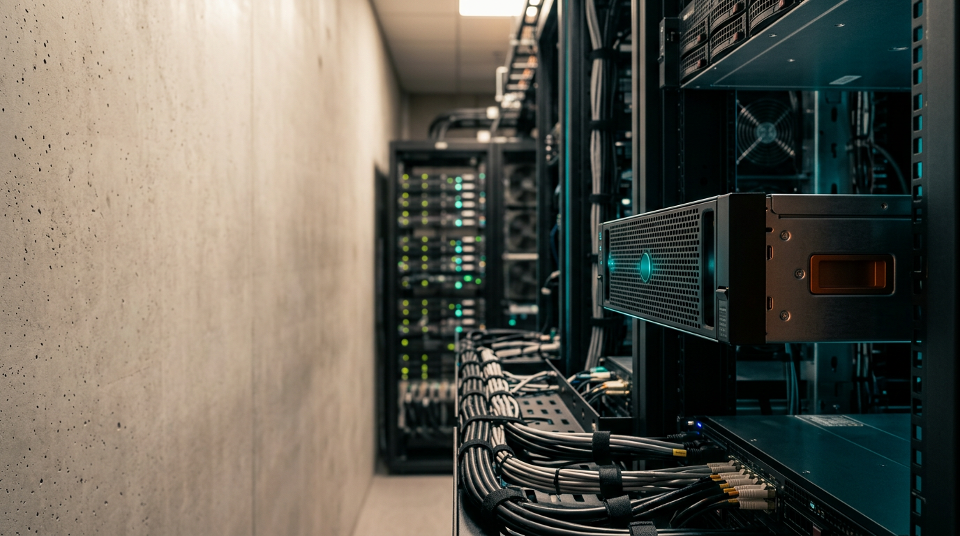 A professional interior view of a high-performance server architecture suite, focusing on a single, sleek, rack-mounted processing unit at eye-level, positioned in the right third of the composition. The unit features matte-finished metallic housing, precision ventilation, and a single, restrained, deep teal indicator light signifying active, high-speed data throughput. The middle ground consists of orderly, clean-lined structural cabling organized with industrial precision, while the background remains softly out-of-focus to provide a balanced sense of scale. The left two-fifths of the frame are occupied by a neutral, softly illuminated brushed-concrete wall, providing clean, negative space for website copy. Lighting is motivated by a soft, warm cream overhead ambient source, with subtle cyan rim lighting highlighting the edges of the server housing and an intentional, singular burnt orange accent light on a small, recessed port cover. The atmosphere is calm, controlled, and precise, capturing the essence of scalable autonomous infrastructure through realistic, premium engineering materials. 50mm prime lens, cinematic photography, 8K resolution, crisp controlled lighting, realistic metallic textures, natural depth of field, HDR-quality dynamic range, no humans, no humanoid robots, no legible text, no numbers, no pseudo-writing, no signage, no holograms, no neon grids, no cyberpunk styling, generated by nanobanana pro --ar 16:9
