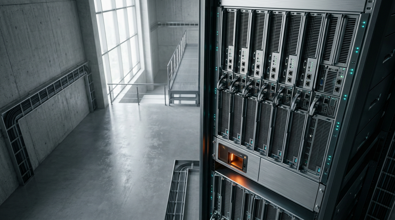 A high-angle, cinematic photograph of a precision-engineered, modular server architecture installation housed within a minimalist, climate-controlled industrial atrium. The primary subject, a sleek, floor-to-ceiling stack of brushed metallic server blades, occupies the right third of the frame, showing integrated cooling fins and recessed ports with subtle, pin-prick cyan and deep teal status indicators. The surrounding environment consists of textured concrete walls and polished gray flooring that recede into a soft-focus background, creating a calm, high-end atmosphere. The left two-fifths of the frame provide clear, uncluttered copy-safe space characterized by soft, warm morning light diffusing through a high architectural window, casting gentle shadows and preserving natural tonality. One singular, warm burnt orange light accent glows from a secondary maintenance port on the lower housing to signify functional activity. Captured with a 50mm prime lens, the image emphasizes physical materiality, structural clarity, and spatial depth, with no readable text, no holograms, and no human figures. Highly detailed, photorealistic, cinematic photography, 8K resolution, crisp controlled lighting, HDR-quality dynamic range, generated by nanobanana pro --ar 16:9