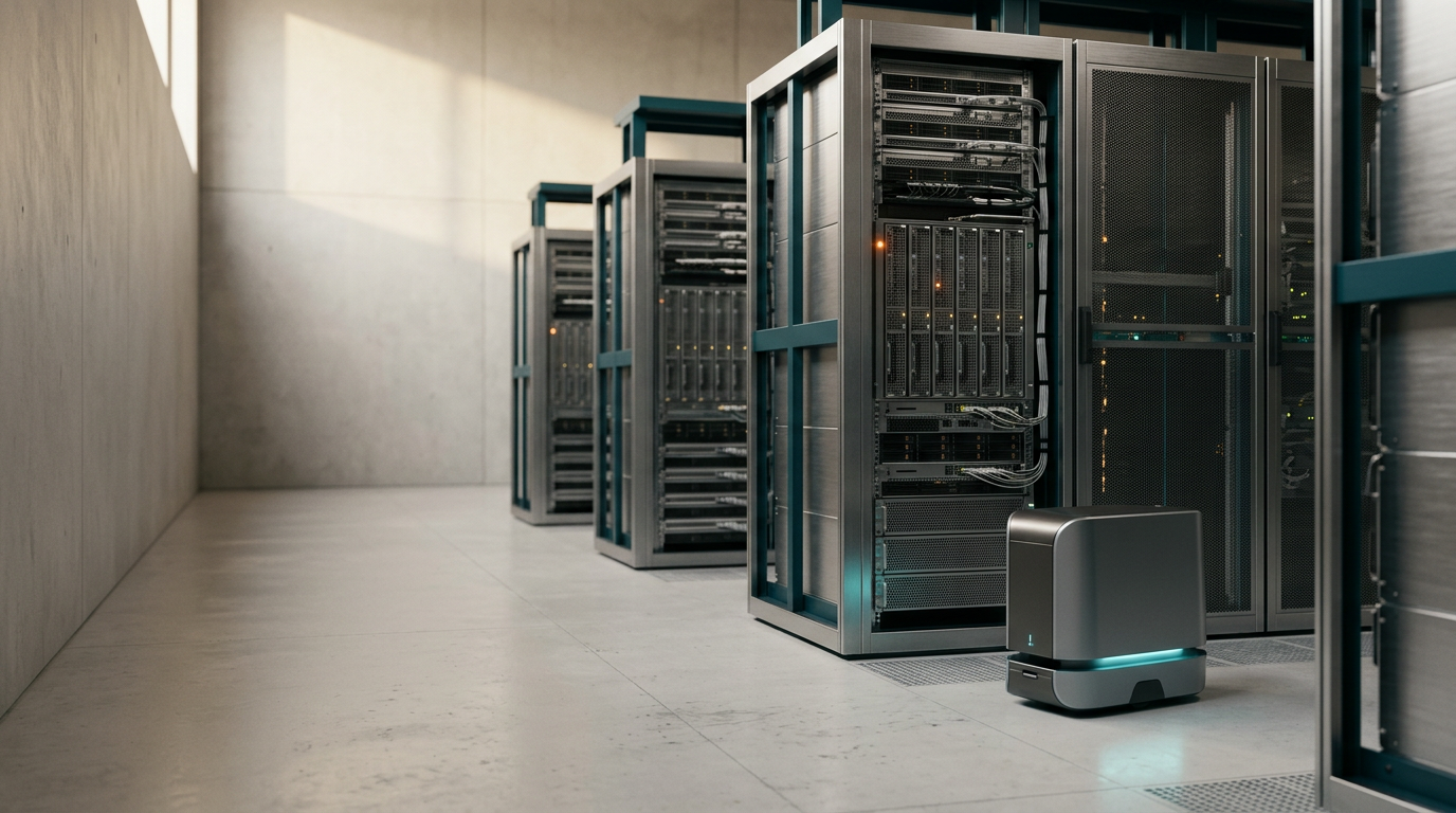 A cinematic, high-angle interior shot of a secure, minimalist server facility designed with precision, featuring rows of high-density server racks constructed from brushed metallic gray steel, positioned in the middle and right background to establish a sense of architectural scale and order. In the right foreground, a compact, non-humanoid autonomous diagnostic unit rests on a clean, light-colored industrial floor; the unit features a sleek matte-finish housing with a single, subtle soft cyan light pulse near its base, representing real-time system monitoring. The left two-fifths of the frame consist of a softly lit, uncluttered concrete wall and a clean, smooth floor surface, providing deliberate and balanced negative space for page content. The scene is illuminated by warm, natural morning light filtering through a high, recessed architectural window, casting soft shadows and highlighting the tactile, high-quality materials. A restrained accent of deep teal is integrated into the structural detailing of the rack supports, while a single, pinpoint warm burnt orange LED indicator on a primary server panel provides a purposeful focal point. The image is captured with an 85mm prime lens, emphasizing realistic depth of field, sharp material textures, and a calm, professional atmosphere. Exclude all humans, figures, reflections of people, legible text, signage, pseudo-writing, holograms, neon grids, and decorative interface panels. Photorealistic, 8K resolution, cinematic photography, highly detailed, physically accurate lighting, generated by nanobanana pro --ar 16:9