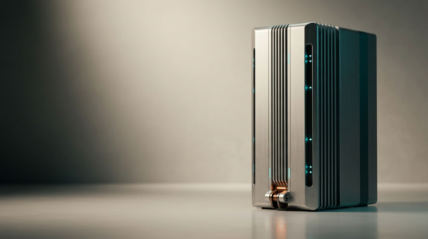 A sophisticated, clean studio environment featuring a minimalist, high-performance data-processing assembly as the primary subject, positioned in the right third of the frame to allow for a generous, softly illuminated, neutral-toned negative space on the left for copy. The central subject is a vertical, brushed-metallic, server-chassis-inspired architectural structure, featuring refined vertical cooling fins and recessed, non-readable, sparse cyan indicator lights that pulse with a subtle glow, symbolizing rapid automated analysis. The lighting is premium and cinematic, utilizing soft, warm cream key lighting from the upper left to provide natural highlights, with a subtle, controlled deep teal reflection catching the edge of the chassis, and a singular, precise burnt-orange accent light illuminating a small, functional mechanical coupling at the base of the structure. The photography uses an 85mm lens with a shallow, natural depth of field, resulting in a crisp, sharp focus on the metallic textures and mechanical joints, with the background receding into a softly blurred, sophisticated tonal gradient. The scene is entirely devoid of humans, faces, legible text, symbols, or pseudo-writing, prioritizing material authenticity and spatial clarity, generated by nanobanana pro --ar 16:9