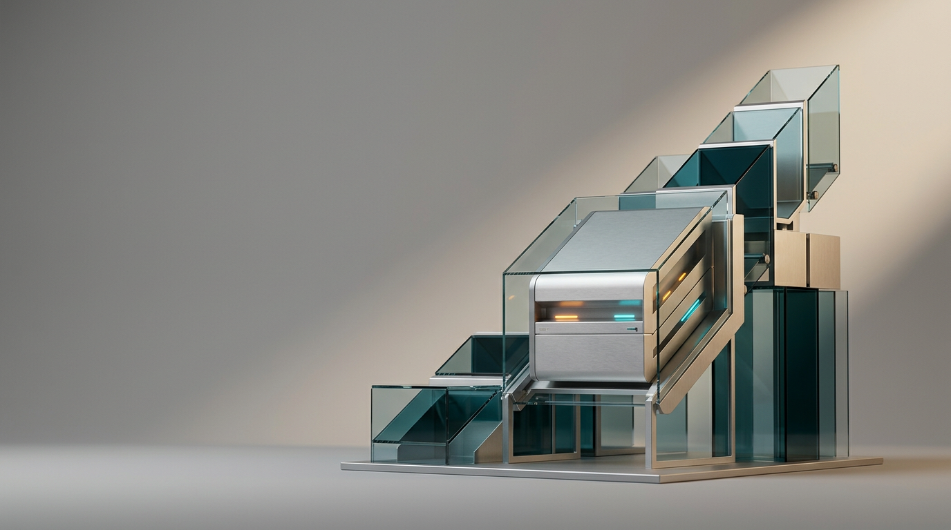 A high-end, clean studio-lit composition representing structured digital organization and precision, featuring an arrangement of architectural glass modules and satin-finished metallic surfaces that form a balanced, ascending geometric structure. The primary subject is an elegant, central console assembly with subtle, non-readable amber and cyan light indicators integrated into its housing, symbolizing refined data flow. The scene is lit with warm, naturalistic key light from the upper right, casting soft, physically accurate shadows that emphasize the texture of the materials. Deep teal reflections occur on the polished surfaces, while a neutral gray backdrop provides a sophisticated, uncluttered environment. The composition is weighted toward the right third, leaving intentional negative space on the left for website copy. Captured with an 85mm prime lens, the image displays remarkable depth of field and premium, sharp material quality without any human presence or legible signage. The atmosphere is calm, precise, and professional, avoiding any digital clutter or excessive holographic effects, generated by nanobanana pro --ar 16:9