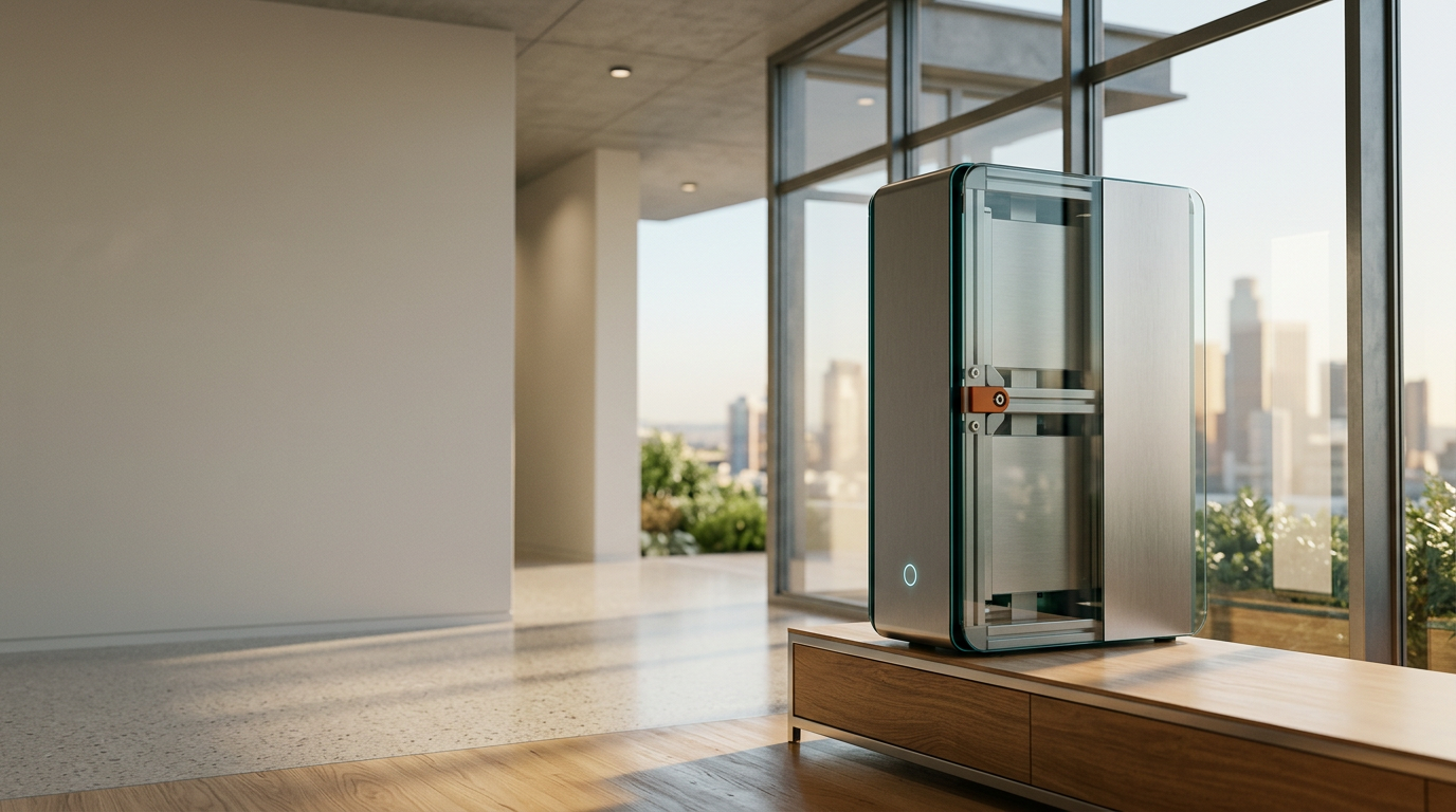 A sophisticated, high-end office environment featuring a singular, architectural hardware unit representing a data processing system, crafted from brushed metallic gray surfaces and high-quality glass, placed prominently in the right third of the frame. The unit is integrated into a clean, minimalist interior with warm cream sunlight filtering through large, structural windows, creating soft, natural illumination and realistic shadows. The left two-fifths of the composition consist of a softly out-of-focus, neutral-toned wall and polished floor, providing intentional negative space for copy. Subtle brand accents are present through a restrained, deep teal rim light on the system's edge, a soft cyan glow emanating from a small, non-readable sensor indicator on its front, and one carefully placed, warm burnt orange mechanical detail on a fastening element. The scene is captured with a 50mm lens, emphasizing precise material textures, including satin-finished metal and architectural glass, while maintaining a shallow, cinematic depth of field. The atmosphere is calm, orderly, and professional, devoid of any people, text, numbers, signage, or holograms, generated by nanobanana pro --ar 16:9