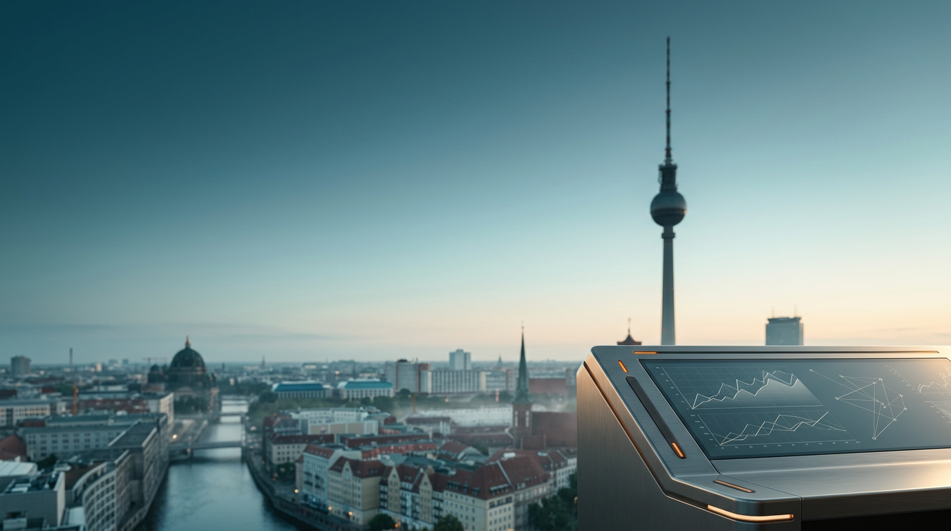 A photorealistic 16:9 widescreen architectural photograph captured with an 85mm lens at f/2.0, featuring the iconic silhouette of the Berlin TV Tower (Fernsehturm) rising into a soft twilight sky that transitions into morning light, the background presents a sprawling, clean view of Berlin’s urban horizon with a tranquil, atmospheric marine layer settling over the Spree river banks, the left and upper two-thirds of the frame are reserved as expansive, uncluttered negative space showing a cool deep teal sky and soft cyan haze, in the extreme lower-right foreground sits a high-end, brushed metallic grey analytical telemetry console displaying abstract, non-textual data visualization line graphs and geometric vector path patterns on a crisp glass screen, the hardware is accented with subtle burnt orange indicator lights and precise beveled edges catching warm cream sunlight, the composition is grounded in high-end editorial photography style with soft bokeh on the distant cityscape, zero humans, zero text, zero logos, no neon or sci-fi elements, purely grounded professional aesthetic with a palette of deep teal, soft cyan, warm cream, and metallic grey.