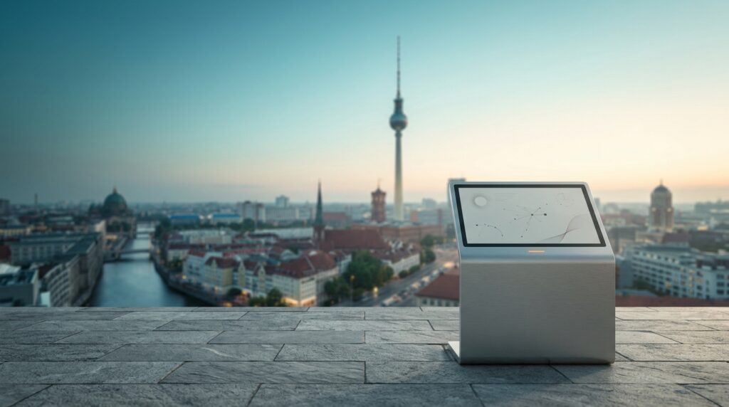 A cinematic 16:9 widescreen editorial photograph of an unoccupied modern architectural stone terrace in Berlin at dawn twilight transitioning into soft golden daylight. The soft-focus center and distance features the iconic silhouette of the Berlin TV Tower (Fernsehturm) and historic River Spree riverfront architecture with natural photographic depth of field, leaving the left two-thirds of the frame spacious, uncluttered, and open with smooth gradient atmospheric sky transitioning from deep teal #116F76 to soft cyan #C1E3E6 and warm cream #FFF4CE horizon highlights. In sharp, tactile foreground focus locked strictly in the lower-right third of the frame sits a sleek brushed metallic gray #E6E6E6 analytics telemetry console on a stone plinth, showing clean abstract non-textual network graphs, cluster nodes, and a discreet burnt orange #E06719 indicator light. Zero humans, zero text, zero typography, zero logos, hyper-realistic commercial editorial lighting.