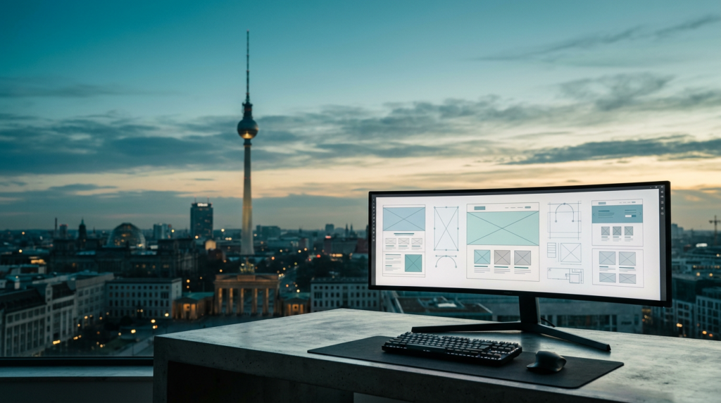 A cinematic 16:9 widescreen editorial photograph of a minimalist high-end workstation featuring a sleek, ultra-wide curved monitor sitting on a polished concrete surface in the lower-right third of the frame, the screen displaying sophisticated abstract geometric web design wireframes and vector path blueprints in soft light, the foreground device captured in sharp tactile focus. The background showcases a breathtaking panoramic view of the Berlin skyline at twilight transitioning into soft morning light, featuring the iconic silhouette of the Fernsehturm TV Tower rising into a vast, expansive, uncluttered sky that occupies the left and upper two-thirds of the frame, the atmosphere characterized by a gentle morning haze. The scene is rendered in a refined color palette of deep teal shadows, soft cyan atmospheric gradients, warm cream highlights catching the edges of the TV tower and architectural stone, and subtle burnt orange accents on the monitor's power indicator and cable bevels. Shot on an 85mm prime lens at f/2.0 with professional bokeh, the composition emphasizes architectural depth and clean negative space, completely devoid of humans, signage, text, logos, or surreal elements, maintaining a grounded, hyper-realistic aesthetic of high-end commercial design photography.