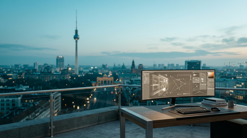 A hyper-realistic 16:9 cinematic shot captured on an 85mm prime lens at f/2.0, featuring a serene, expansive view of the Berlin skyline at twilight transitioning into soft dawn, with the iconic silhouette of the Fernsehturm TV Tower rising prominently into a vast, uncluttered sky in the distant left-center background, bathed in deep teal and soft cyan atmospheric haze. The foreground, anchored strictly in the lower-right third of the frame, features a sleek, high-end professional workstation with a thin-bezel ultra-wide curved monitor displaying intricate, non-textual abstract web development wireframes and geometric vector paths in glowing neutral tones. The composition prioritizes vast negative space across the left and upper areas of the frame for copy placement. Lighting is a sophisticated blend of natural ambient morning glow catching the edges of the distant architectural landmarks in warm cream, with subtle, discreet burnt orange accents from soft hardware status LEDs. Materials include brushed metallic aluminum desk surfaces, pristine glass, and the textured concrete of an upscale, minimalist rooftop terrace. The scene is completely devoid of humans, signage, logos, and futuristic effects, maintaining a grounded, professional editorial aesthetic with a natural photographic bokeh on the Berlin horizon.