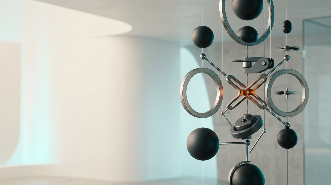 A sophisticated studio environment showcasing the essence of precise motion design through a composition of abstract, high-end geometric forms, including elegant matte-finished spheres and brushed-metal interlocking kinetic components suspended in a balanced, gravity-defying arrangement. The scene is illuminated by soft, natural warm cream key light from the left, with restrained deep teal rim lighting catching the edges of the metallic surfaces and a single, carefully placed warm burnt orange accent light highlighting a primary structural intersection. The right third of the frame features these refined, sculptural objects, while the left two-thirds consist of a clean, minimalist architectural backdrop with subtle soft cyan light gradients, providing ample negative space for landing page copy. Photographed with an 85mm prime lens for shallow depth of field and premium detail, the composition emphasizes high-fidelity textures, realistic reflections, and deliberate, orderly placement. The atmosphere is calm, professional, and visually disciplined, with no legible text, human figures, or artificial data overlays, created with a focus on cinematic light and material purity, generated by nanobanana pro --ar 16:9