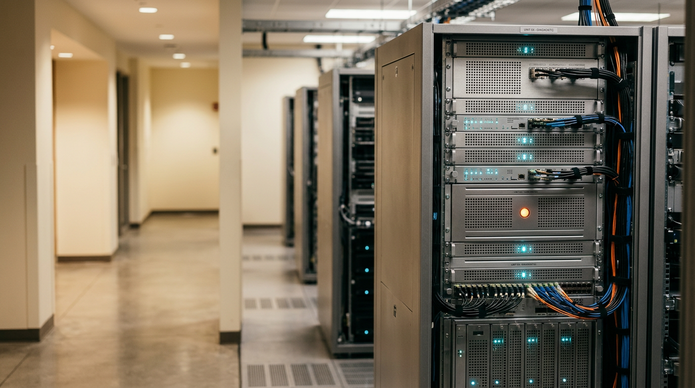 A professional, high-angle interior view of a server-room infrastructure, focusing on a single, clean, metallic-gray diagnostic cabinet in the right third of the frame, its panels featuring subtle, non-readable status lights in soft cyan and a single, controlled, warm burnt-orange indicator indicating active maintenance. The left two-fifths of the scene consist of an out-of-focus, softly illuminated architectural hallway providing clean negative space for website copy. The lighting is premium and cinematic, utilizing a warm cream ambient key light that highlights the brushed-metal texture of the hardware and the precise, modular cable organization. The atmosphere is calm, orderly, and sophisticated, reflecting enterprise reliability and digital precision without the use of interfaces or readable text. Photorealistic, cinematic 85mm lens, shallow depth of field, natural highlights, HDR-quality dynamic range, generated by nanobanana pro --ar 16:9