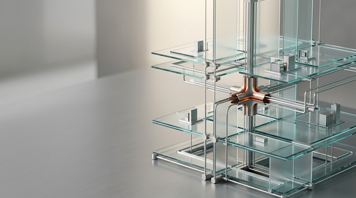 A premium, highly detailed photographic study of an architectural scale model representing financial resource distribution, situated in a clean, minimalist studio environment with brushed neutral gray surfaces. The primary subject is an elegant, multi-tiered structural composition of interconnected translucent glass and satin-finished metallic nodes, reflecting the precision and balance of algorithm-driven budget management, positioned in the right third of the frame. The left two-fifths of the composition consist of soft, out-of-focus background negative space, creating an ideal area for website copy. Lighting is sophisticated and cinematic, featuring warm cream sunlight hitting the primary structure from above, accented by a single, controlled highlight of burnt orange on a central metallic junction and subtle, cool-toned teal rim lighting on the glass edges to imply technical intelligence. The scene uses a 50mm lens perspective, capturing realistic depth of field, meticulous material textures, and precise geometric alignment without any visible text, numbers, signage, or human figures. The image maintains a calm, professional, and optimistic atmosphere, focusing on clarity, structure, and enterprise-grade performance, generated by nanobanana pro --ar 16:9