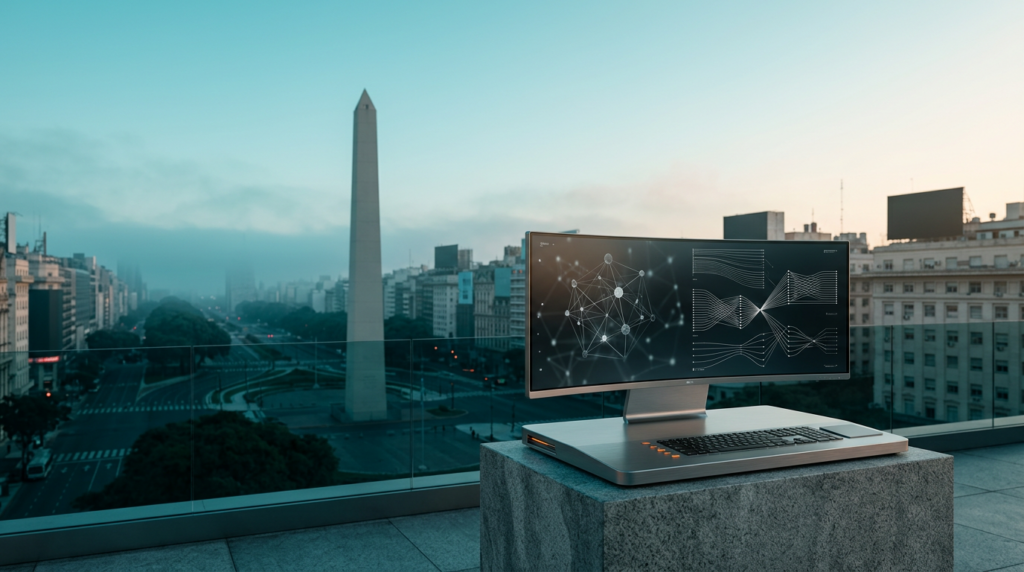 A cinematic 16:9 widescreen architectural photograph captured with an 85mm lens at f/2.0, showcasing the iconic Obelisco de Buenos Aires rising into a soft, atmospheric twilight transitioning into early dawn. The scene is set from a high-vantage terrace overlooking the grand, wide avenues, with the iconic concrete needle silhouette anchoring the left-center background amidst a gentle, cool-toned marine layer haze. In the lower-right third of the frame, a sleek, brushed metallic high-end workstation terminal sits on a clean, minimalist stone pedestal, its ultra-wide curved display showing glowing, abstract geometric neural network nodes and complex white vector data-flow paths on a dark glass screen. The lighting palette utilizes deep teal shadows in the urban expanse, shifting into a soft cyan atmospheric glow across the sky, with warm cream morning light catching the edges of the distant stone architecture and subtle burnt orange indicator lights pulsing on the terminal console. The composition features expansive, uncluttered negative space across the upper left sky for text overlay. The environment is entirely devoid of people, signage, text, or logos, rendered with grounded realism, crisp textures of polished metal and aged stone, and a professional, sophisticated commercial aesthetic.