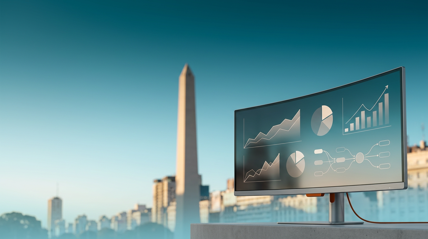 A professional 16:9 widescreen photograph, captured on an 85mm prime lens at f/2.0. The scene depicts an expansive, optimistic twilight transition into daylight over Buenos Aires, Argentina. In the lower-right third of the frame, a sleek, ultra-wide curved monitor stands in sharp, tactile foreground focus, its durable brushed metallic gray #E6E6E6 enclosure gleaming subtly. The monitor rests on a clean, minimalist concrete surface, adding to the grounded realism. The monitor display shows abstract, non-textual growth marketing data visualizations: elegant ascending line graphs, segmented pie charts, and delicate flow diagrams in muted tones, glowing softly. A discreet burnt orange #E06719 indicator light or cable accent is visible on the device. The pristine glass surface of the monitor subtly reflects the deep teal #116F76 and soft cyan #C1E3E6 hues of the transitioning sky. The left two-thirds of the frame and the upper portion are dominated by open twilight sky, graduating from deep teal #116F76 at the zenith to soft cyan #C1E3E6 near the horizon, providing vast, uncluttered negative space. In the center-left mid-ground, the iconic silhouette of the Obelisco of Buenos Aires rises, distinctly recognizable yet softly blurred with a natural photographic bokeh, its architectural stone catching the warm cream #FFF4CE highlights of the nascent sun. Distant city high-rises also catch this warm light, fading into a soft cyan #C1E3E6 atmospheric haze. No humans, no text, no logos, strictly photorealistic, commercial editorial architectural photography style.