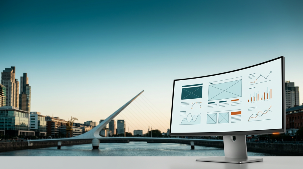 A highly detailed, photorealistic 16:9 widescreen shot on an 85mm prime lens at f/2.0 of Buenos Aires at twilight transitioning into daylight. The scene features the iconic, modern, and sculptural silhouette of the Puente de la Mujer (Woman's Bridge) in Puerto Madero, with its distinctive mast and suspension cables, stretching across the center-left distance, framed by the sleek, minimalist high-rise buildings of the district and the expansive Rio de la Plata, all rendered with a natural, soft photographic bokeh. The sky above transitions from deep teal (#116F76) at the zenith to soft cyan (#C1E3E6) on the horizon, with warm cream (#FFF4CE) light subtly catching the edges of the distant architecture. The left two-thirds and upper section of the frame are expansive, uncluttered negative space. In the lower-right third of the frame, in sharp, tactile foreground focus, sits a high-end ultra-wide curved professional monitor on a minimalist, durable brushed metallic gray (#E6E6E6) stand. The monitor's pristine glass surface displays abstract, non-textual UI wireframes, vector paths, and minimal line diagrams representing data analysis and SEO strategy, rendered in subtle deep teal, soft cyan, and burnt orange (#E06719) accents. A discreet burnt orange (#E06719) indicator light glows softly on the monitor's housing. The environment is completely unoccupied. No legible text, brand logos, or human figures are present anywhere in the scene. The lighting, atmospheric scale, and perspective are characteristic of high-end commercial editorial architectural photography.