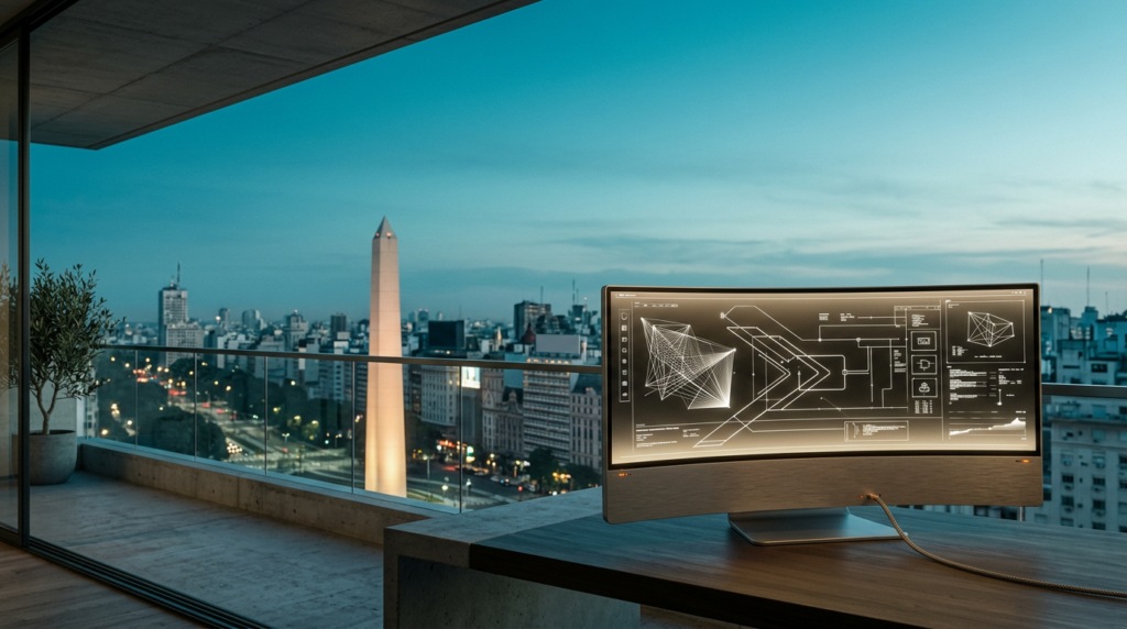 85mm prime lens f/2.0 shot, widescreen 16:9, a professional high-end ultra-wide curved workstation monitor placed in the lower-right foreground, the screen displaying glowing abstract white vector wireframes and geometric UI design paths on a dark background, the device housing made of brushed metallic gray, the scene set in a sleek, minimalist architectural terrace overlooking a wide-angle view of the iconic Buenos Aires Obelisk rising above the surrounding historic and modern urban skyline under a soft twilight-to-daybreak sky, expansive open negative space in the left and upper sections of the frame composed of tranquil city atmosphere and soft coastal sky, cinematic lighting, deep teal #116F76 shadows and sky gradients, soft cyan #C1E3E6 atmospheric haze, warm cream #FFF4CE light catching the edges of the Obelisk and surrounding stonework, discreet burnt orange #E06719 indicator lights on the monitor bevel, no humans, no text, no logos, no signage, architectural photography, grounded realism, pristine glass and concrete textures, ultra-detailed, professional commercial grade.