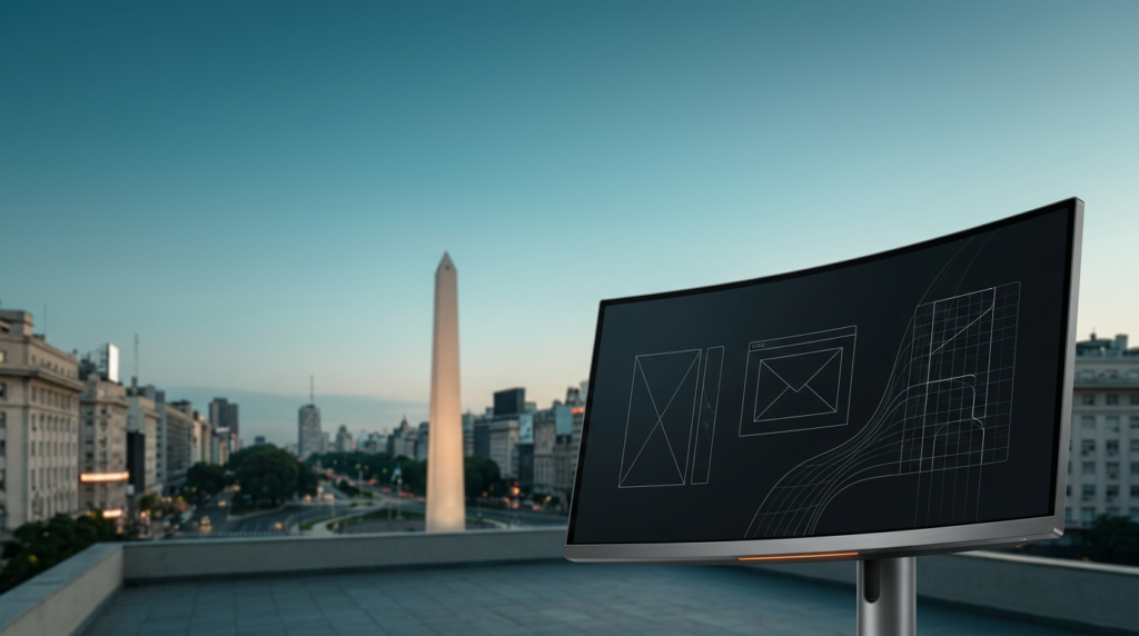 A wide-angle 16:9 cinematic shot captured on an 85mm lens at f/2.0 featuring a sleek, professional ultra-wide curved workstation monitor positioned in the lower-right foreground, displaying abstract, minimalist white vector wireframes and fluid grid-based UI design paths against a dark screen. The monitor hardware is finished in brushed metallic gray with a subtle, thin burnt orange status LED light. The background is a tranquil, unoccupied rooftop terrace overlooking the iconic silhouette of the Buenos Aires Obelisk rising above the Parisian-style architecture and wide boulevards of the city center. The scene is set during a calm transition from twilight to early dawn, with the sky transitioning from a deep teal to a soft cyan horizon. The Obelisk and surrounding urban stone architecture are bathed in a gentle warm cream light reflecting off building edges. The left and upper two-thirds of the frame consist of vast, uncluttered negative space featuring the atmospheric, slightly blurred sky and soft coastal-inspired morning haze. The composition is clean and architectural, utilizing natural bokeh to soften the city distance while maintaining crisp focus on the hardware device in the lower-right third. High-end commercial editorial style, completely devoid of humans, text, signage, or logos, emphasizing depth, professional texture, and a sophisticated, grounded aesthetic.
