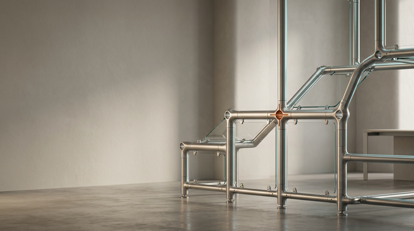 A premium, photorealistic architectural study of a high-performance, modular grid system representing streamlined business processes, situated within a sophisticated, climate-controlled studio space. The primary subject is a series of interconnected, brushed-metal and tempered-glass structural nodes that articulate a logical, accelerating movement, positioned in the right third of the frame. The left two-fifths of the image serves as a clean, minimalist negative space for copy, featuring a softly lit, neutral-toned wall with subtle, purposeful gradients. Lighting is provided by a high-quality, warm cream key light, complemented by faint, restrained cyan rim lighting on the metallic edges and one deliberate, low-intensity burnt orange accent on a single primary junction to imply operational efficiency. The environment includes a polished concrete floor with a subtle reflection. Shot with a 50mm prime lens, capturing deep, natural contrast and precise material textures, avoiding all futuristic tropes, holograms, or floating interfaces. Every component shows logical, physical assembly and professional engineering. The scene is calm, organized, and structurally sound, designed to communicate clarity and systematic reliability. No humans, no text, no numbers, no pseudo-writing, no signage. generated by nanobanana pro --ar 16:9