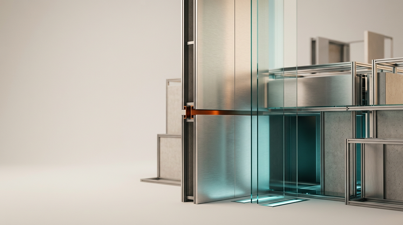 A high-end, sophisticated studio composition focusing on the architecture of a premium digital infrastructure, rendered as an abstract physical metaphor of data flow and structure. The scene features an organized arrangement of satin-finished brushed metal plates and vertical glass partitions that catch soft, diffused light, arranged in precise, overlapping geometric formations that suggest scale and modular growth. A primary vertical glass element in the right third of the frame acts as a light guide, refracting soft cyan and deep teal illumination from recessed floor fixtures. A single, controlled accent of warm burnt orange light subtly highlights a mechanical join between two structural panels, representing high-performance precision. The left two-fifths of the frame consists of a clean, softly lit, neutral-toned backdrop with intentional negative space, providing an uncluttered surface for web copy. Captured with a 50mm prime lens at eye level to establish architectural clarity, the lighting is warm and inviting, evoking a sense of stability and professional reliability. The materials show realistic, subtle textures—fine-grained concrete, clear tempered glass, and brushed aluminum. Atmospheric haze is minimal and clean, contributing to a premium, editorial aesthetic. No human figures, no text, no data screens, no floating interfaces. Photorealistic, cinematic photography, 8K resolution, crisp controlled lighting, realistic depth of field, generated by nanobanana pro --ar 16:9