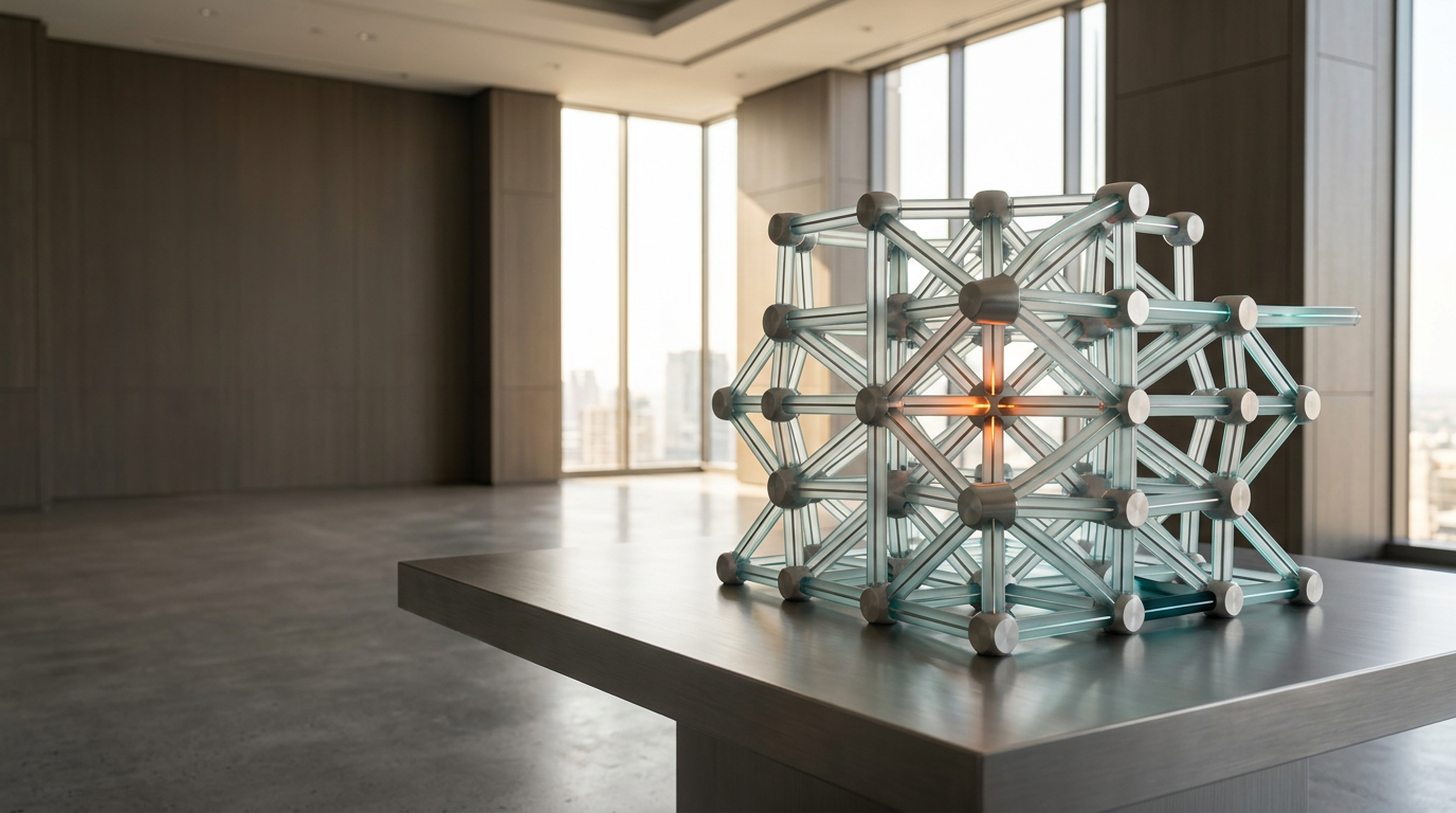 A wide-angle 50mm shot of a sophisticated, minimalist architectural model displayed on a heavy, brushed-metal table in a sun-drenched, high-ceilinged executive boardroom. The primary subject is an intricate, modular sculptural installation representing a complex network, composed of interconnected precision-machined satin-finished metallic nodes and translucent frosted glass conduits, signaling organizational structure and strategic alignment. The right third of the frame focuses on the dense, organized core of the structure, while the left two-fifths consist of a softly out-of-focus, neutral-toned wall with subtle, natural morning light casting calm shadows, providing generous negative space for website copy. Lighting is warm and inviting, keyed by soft natural sunlight, with restrained, precise rim-lighting in soft cyan and deep teal illuminating the glass interfaces and metal edges, and a single, carefully placed warm burnt orange accent light reflecting off a small central hub. The environment is grounded, professional, and refined, devoid of people or digital interfaces. Photorealistic, cinematic photography, 8K resolution, crisp controlled lighting, realistic material textures, natural depth of field, HDR-quality dynamic range, no humans, no legible text or numbers, no signage, no floating holograms, generated by nanobanana pro --ar 16:9